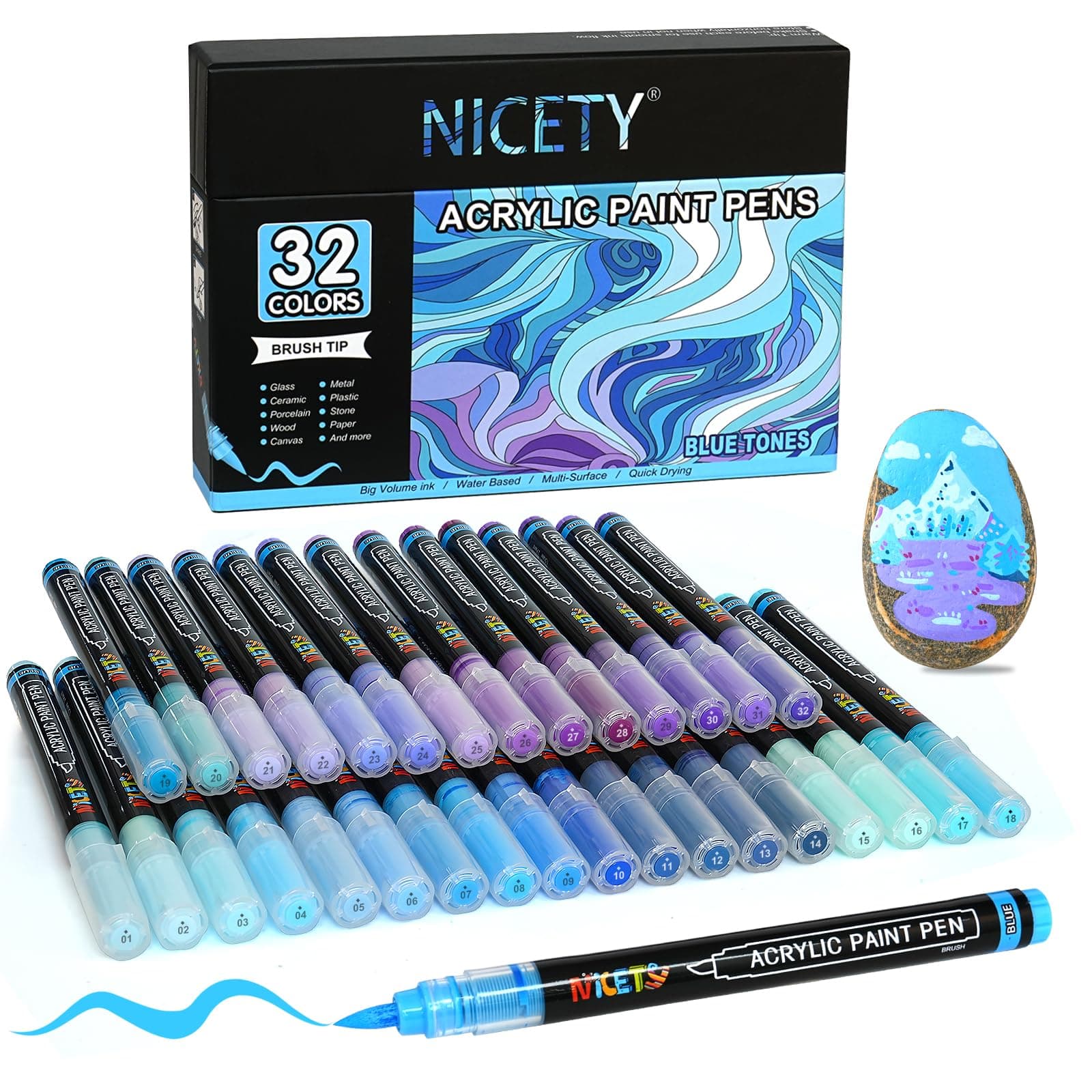 NICETY 32 Couleurs Feutres Acryliques – Stylos Pinceaux pour Peinture sur Pierre, Bois, Verre, Céramique – Pointe Pinceau 1-6mm, Marqueurs Acryliques set à Base d’Eau pour Adultes (Bleu)