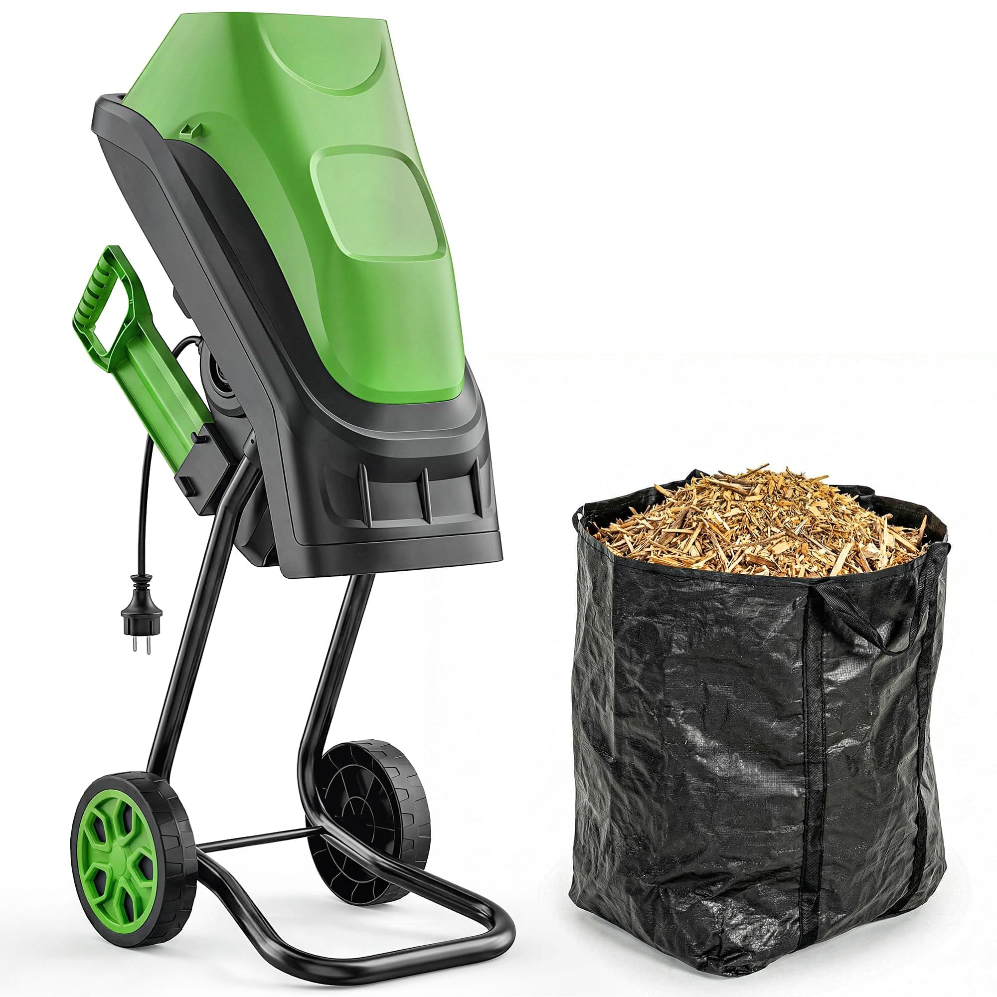 Outsunny Broyeur de Végétaux Électrique 2500 W, Sac de Collecte 45L, 4300 tr/min, 2 Lames en Acier, Poussoir, Roues, Broyeur de Branches pour Coupe de Branches 44mm, Vert
