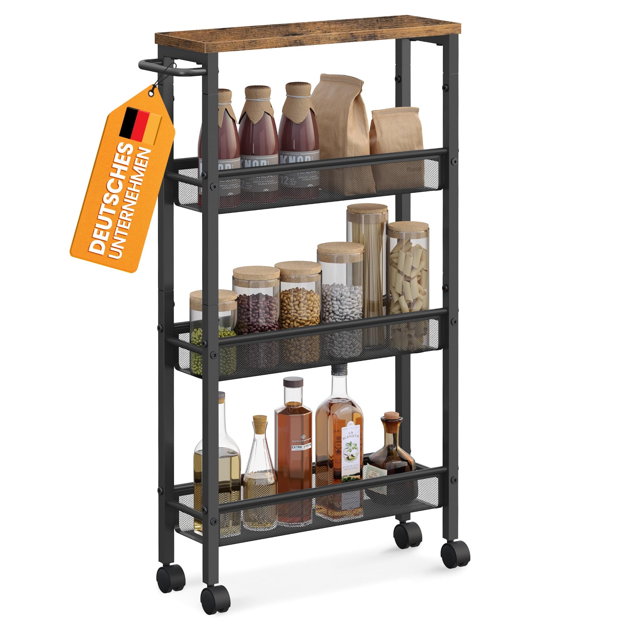 VASAGLE Rollwagen 4 Ebenen, Küchenwagen schmal, Nischenregal auf Rollen, Stahl, Griff, für kleine Räume, 13 x 45,4 x 77 cm, Küche, Bad, Wohnzimmer, Arbeitszimmer, vintagebraun-schwarz LRC032B01V1