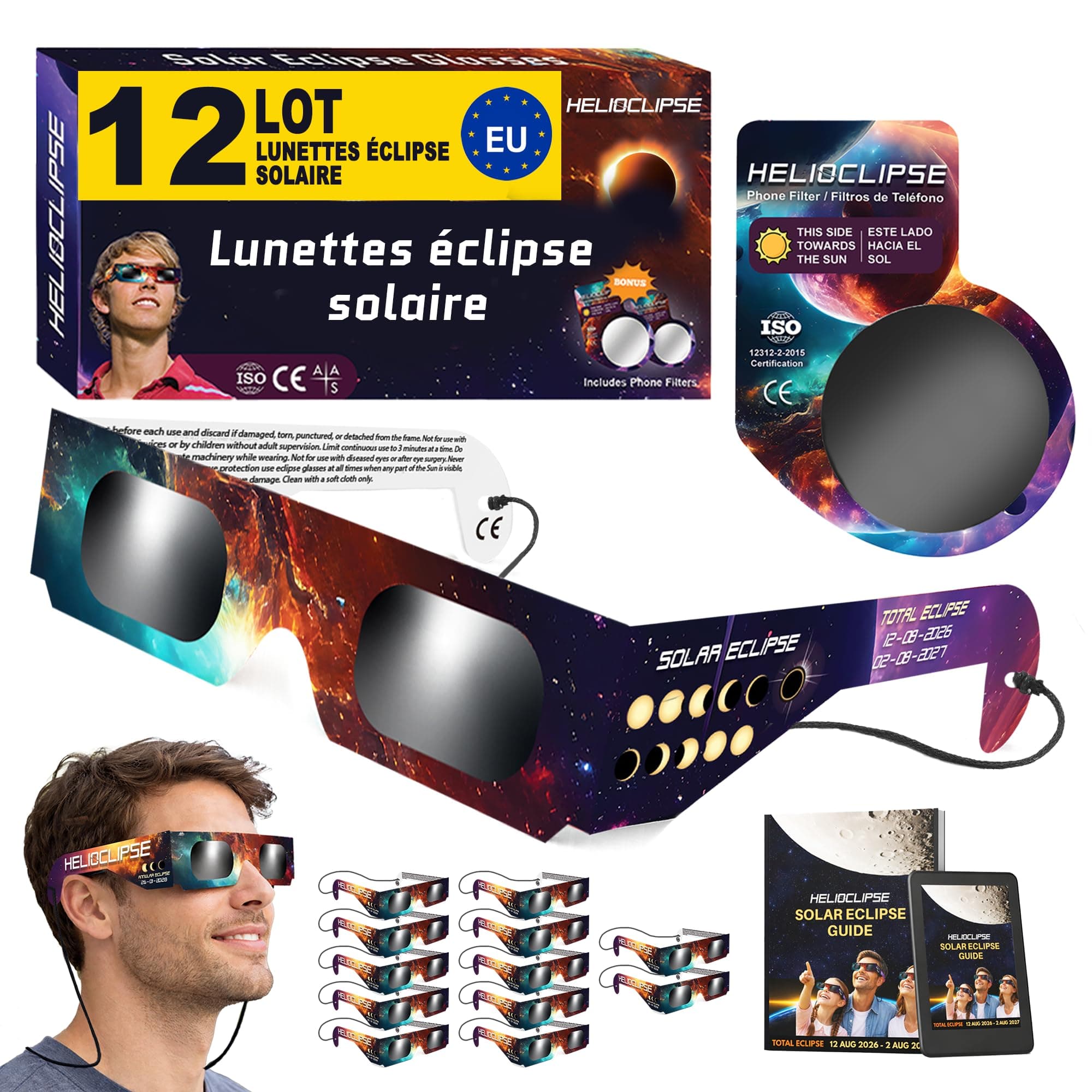Helioclipse - Lot de 12/50/100 Lunettes Éclipse Solaire ISO 12312-2 - Lunette Éclipse Solaire Certifiée pour Éclipse de Soleil Totale ou Partielle