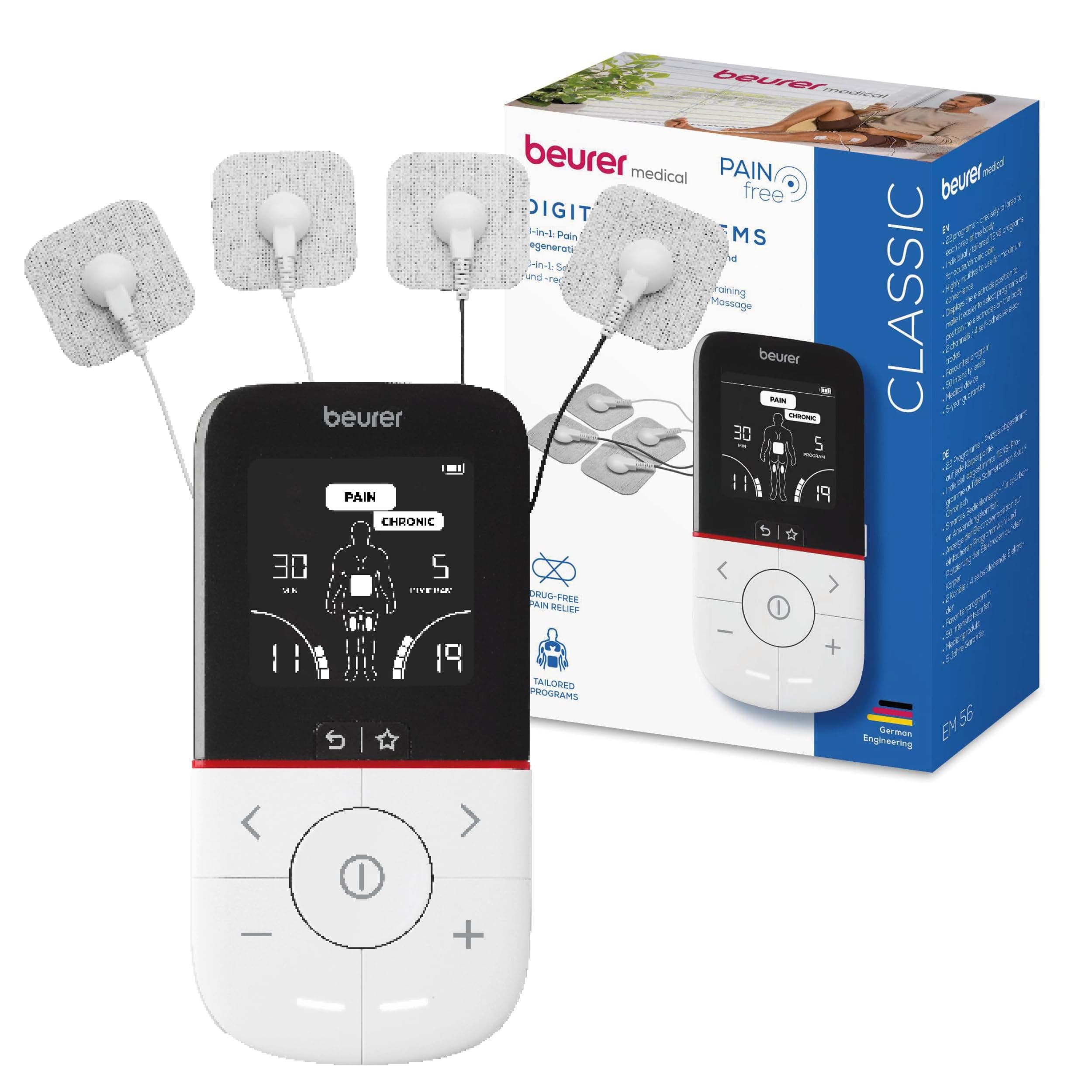 Beurer EM 56 TENS/EMS Électrostimulateur musculaire 3 en 1, pour le soulagement de la douleur sans médicaments, entraînement musculaire, fonction massage, 22 programmes, incl. 4 électrodes