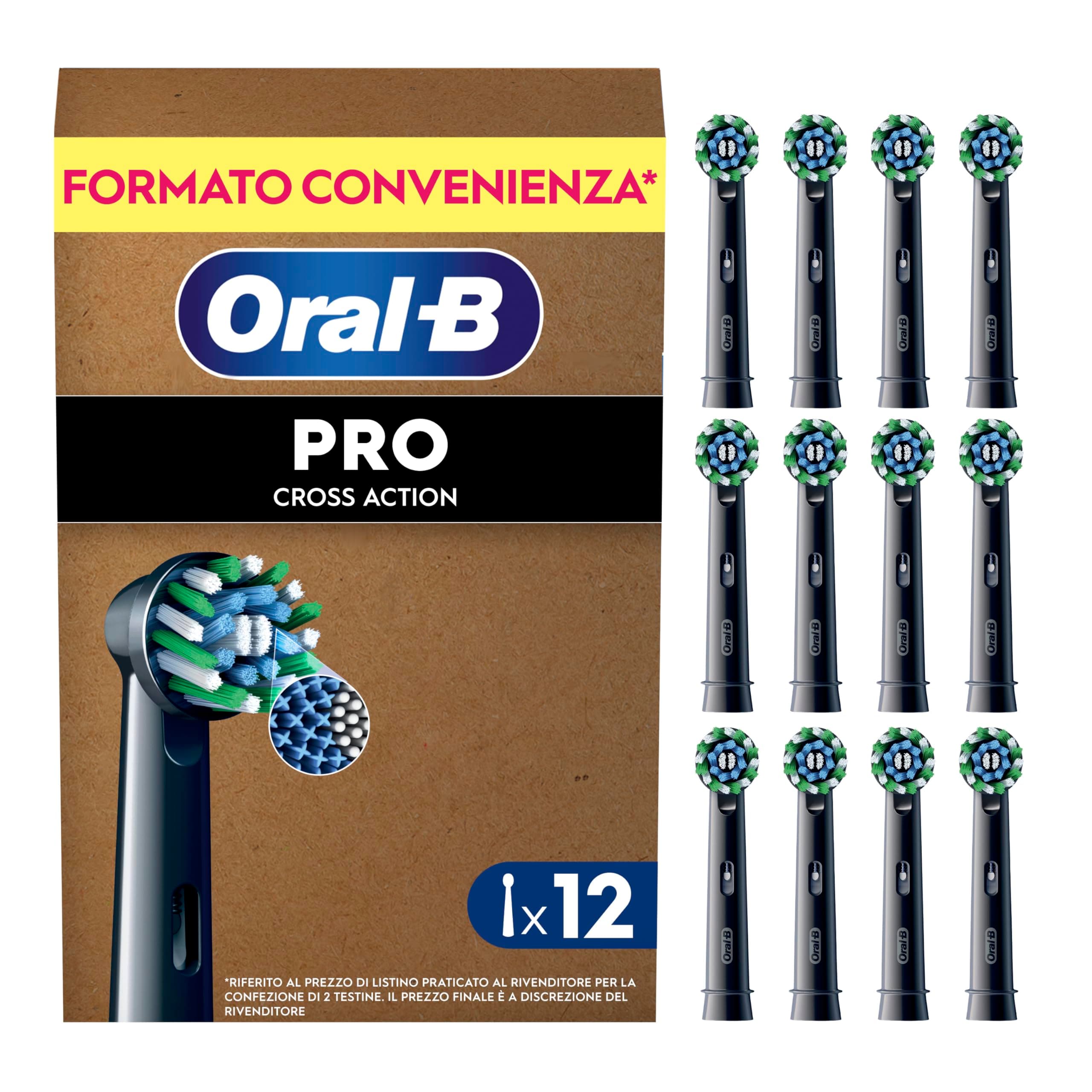 Oral-B Testine di Ricambio Pro Cross Action, Nere, 12 Ricambi - 12 Testine di Ricambio per Spazzolino Elettrico, Autentiche, Setole Angolate che si Adattano a ogni Dente per una Pulizia Profonda