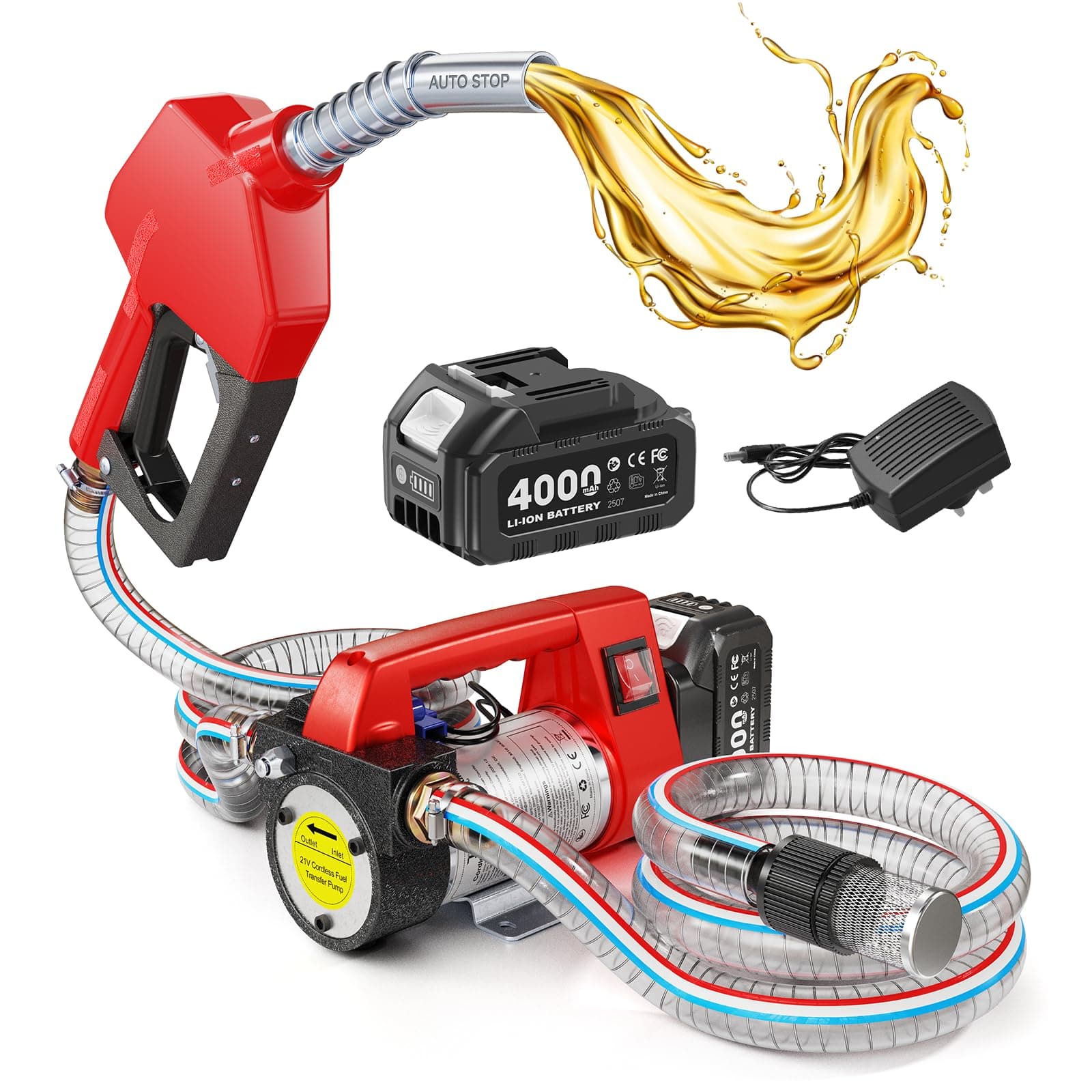 Taskstar Pompe à Gasoil Sans Fil 45L/Min Diesel Kérosène, Buse Auto Stop | Pompe Carburant Électrique avec Kit 18V 4,0Ah Batterie & Chargeur, 2x2m Tuyaux et Filtre pour Tracteurs, Camions et Bateaux