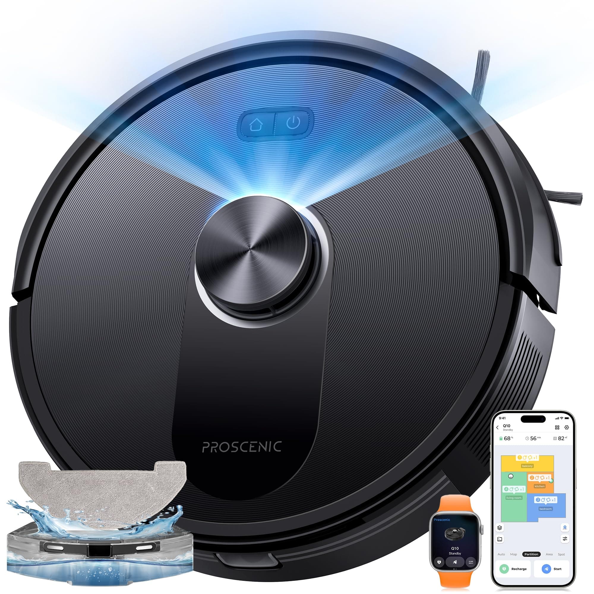 Proscenic Q10 Robot Aspirapolvere Lavapavimenti con Mappatura, Robot Pavimenti 8000Pa 200min, LiDAR Intelligente, Controllo APP/Alexa/WiFi/Siri/IFTTT, Ideale per Pulizia Domestica/Peli Animali