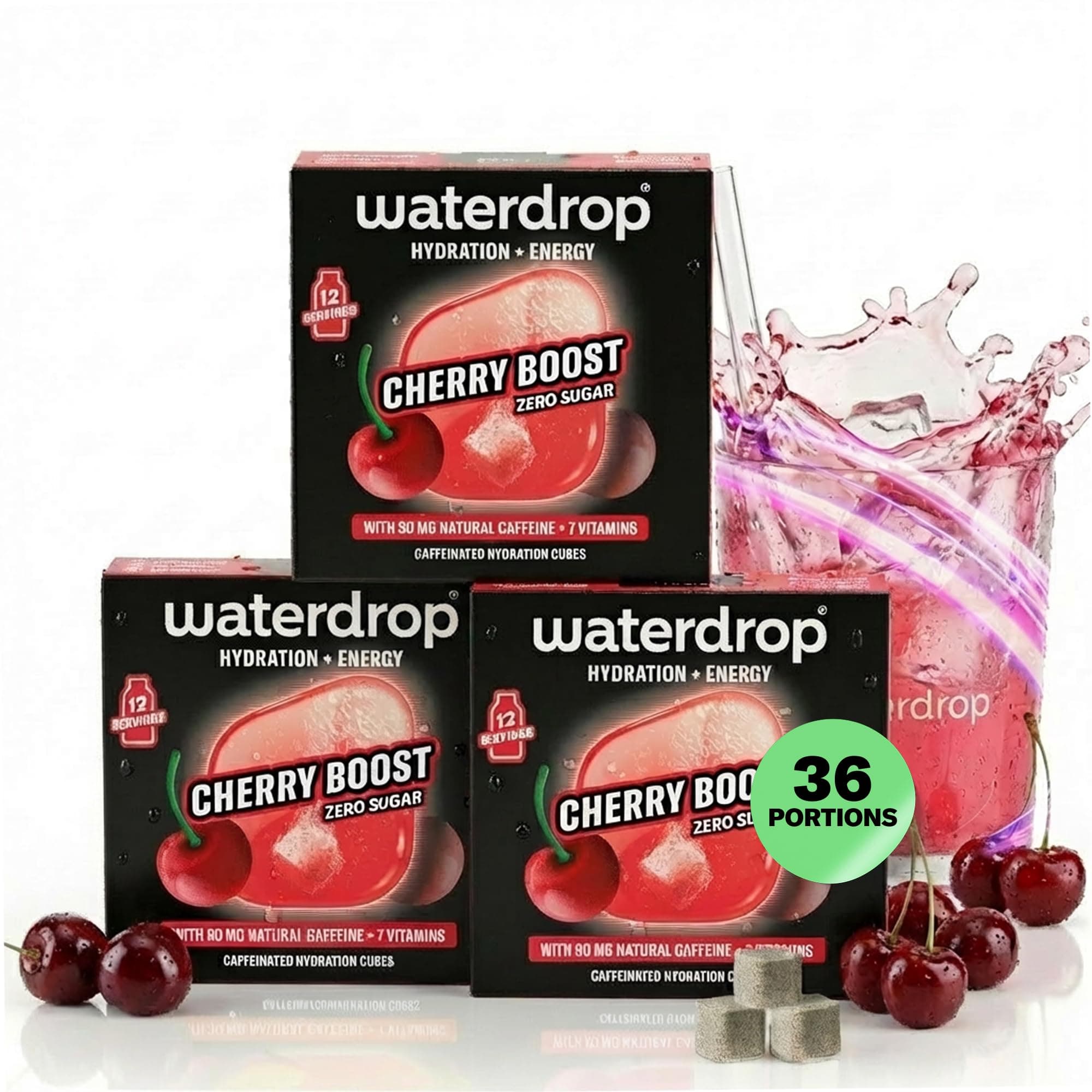 waterdrop® Coffret Microenergy, Boisson Énergisante Sans Sucre, Boisson Gazeuse avec Arôme de Cerise, 36 Cubes Effervescents avec 90 mg de Caféine Naturelle, Vitamines B et C