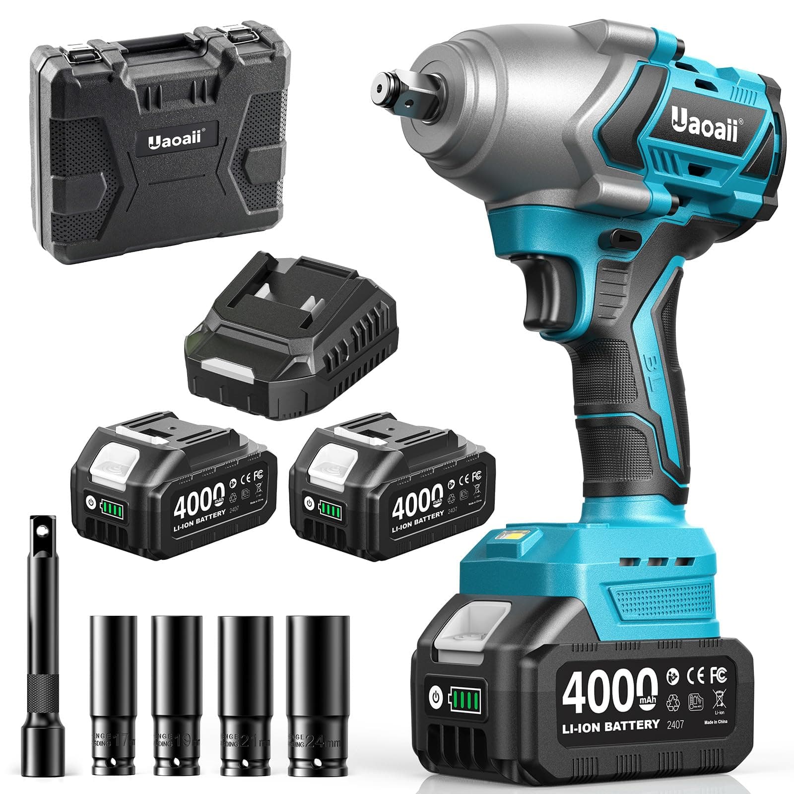 Uaoaii 1400 Nm Llave de impacto inalámbrica 1/2", 2 baterías 4000 mAh con cargador rápido, 21V Llave de Impacto Eléctrica motor sin escobillas de alto rendimiento ideal para coche, camión, garaje