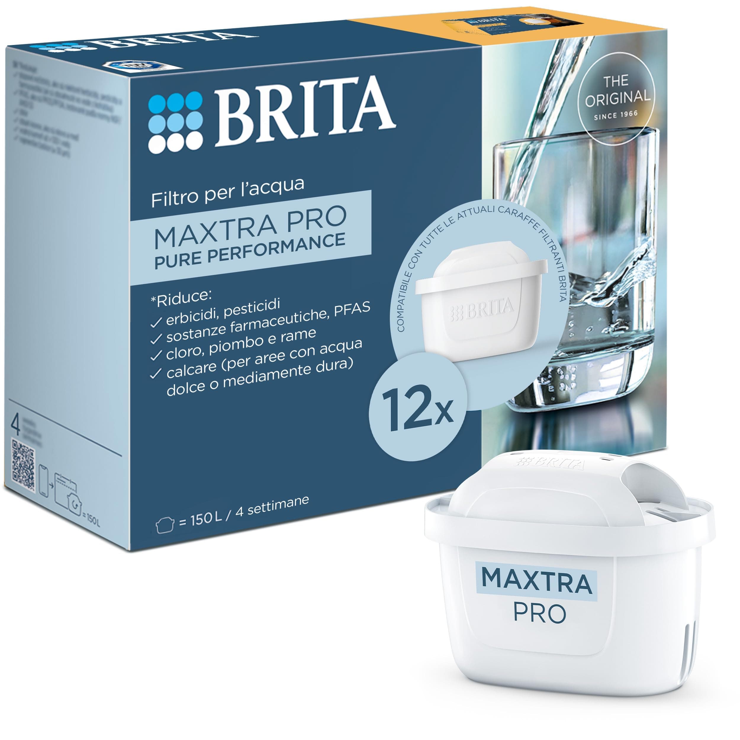 BRITA Filtro acqua rubinetto MAXTRA PRO Pure Performance (ex All-in-1) confezione da 12 filtri - Riduce cloro, calcare, PFAS e metalli, filtro originale compatibile con caraffa acqua filtrante BRITA