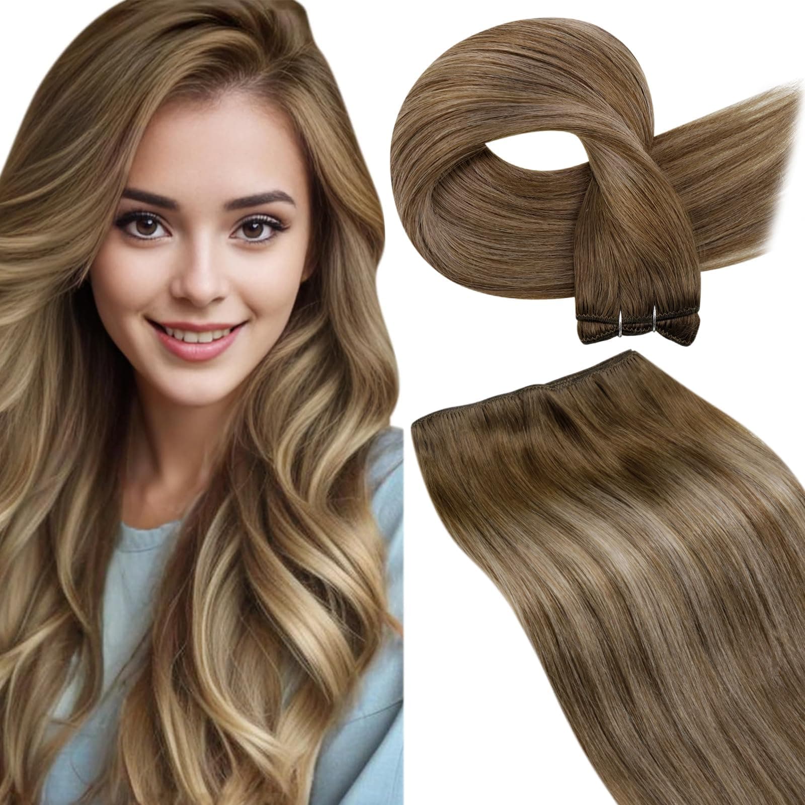 LaaVoo 60cm Extension Cheveux Naturel Tissage Marron Clair Balayage Brun 100g 60cm Extension Cheveux Naturel Tissage Humain Marron Clair à Blond Doré Ombre Lisse #8/16/8