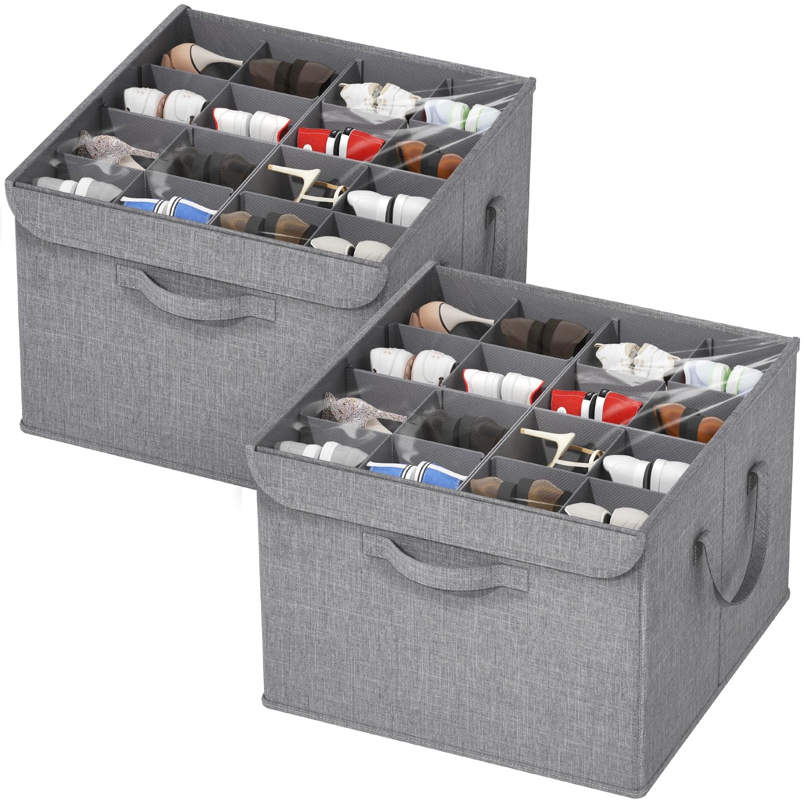 Lifewit Organizador de Zapatos para Armario, Divisores Ajustables para Almacenamiento de Zapatos, Cajas de Almacenamiento Plegables con Cubierta Transparente, Gris Claro, 2 Paquete para 8-32 Pares
