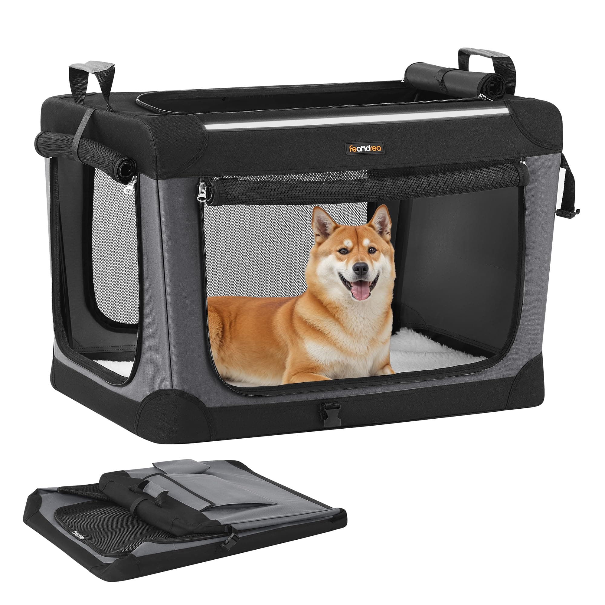 Feandrea Transportín para Perros, Plegable, 76,2 x 53,4 x 53,4 cm, para Perros Medianos, Tela Oxford, Puertas de Malla, Asas y Bolsillo de Almacenamiento, Negro Tinta PDC017B01