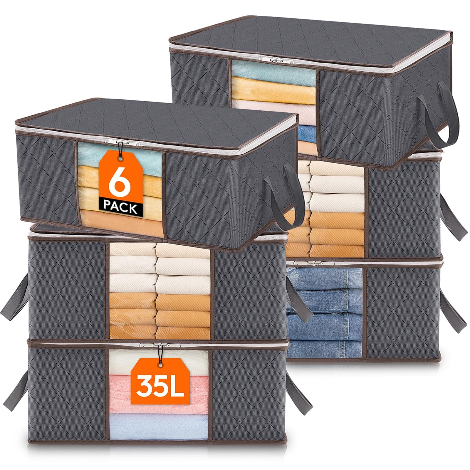 Lifewit 6 Stück 35L Aufbewahrungstasche, Unterbett Aufbewahrungsbox Kleideraufbewahrung, Faltbare Umzugskartons mit Klarem Fenster für Bettdecken Kleidung Decke T-Shirts Kleiderschrank, Grau