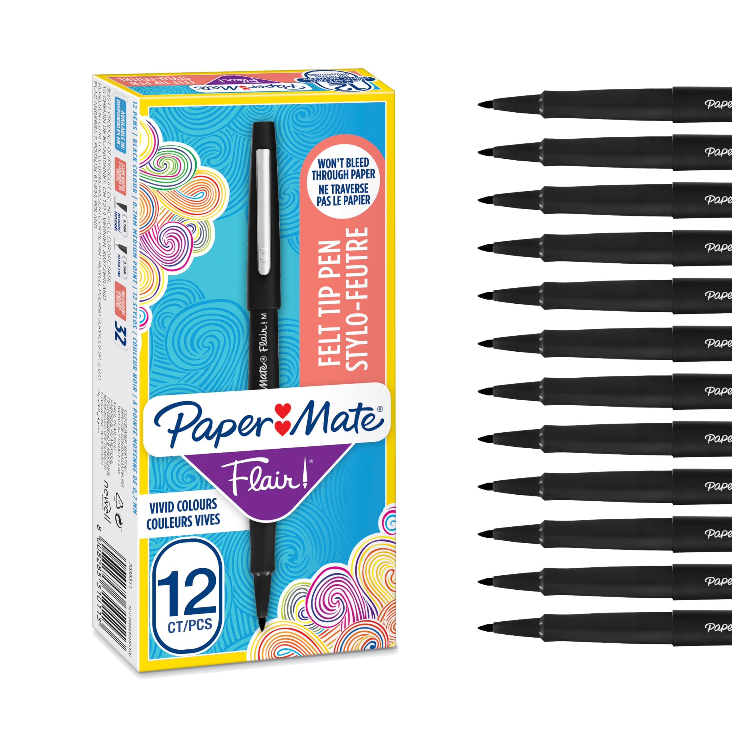 Paper Mate Flair Stylos feutres | Feutres de coloriage sans fuite à pointe moyenne (0,7 mm) | Encre noire | Idéal pour écrirescrapbookingdessineretc. | Boîte de 12