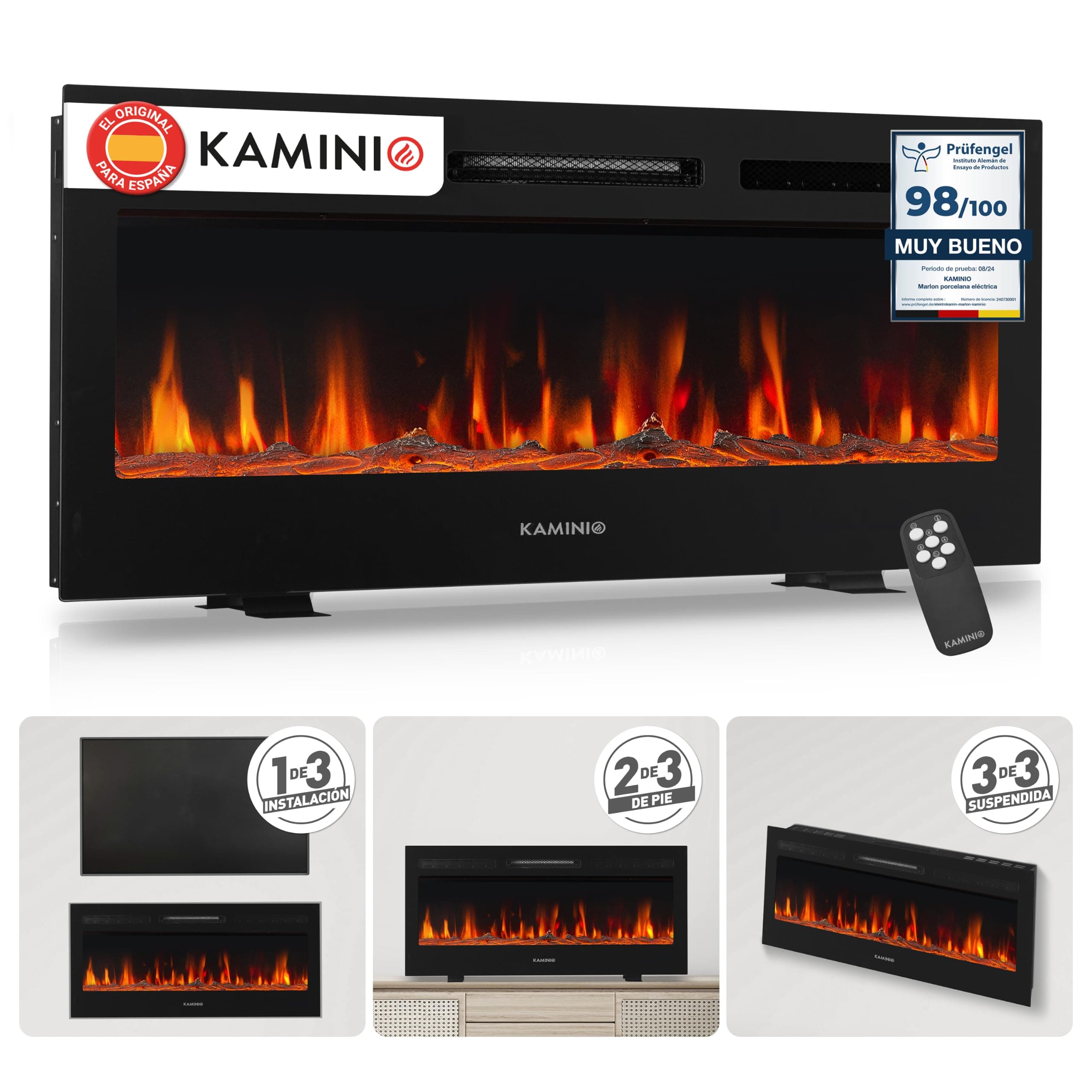 KAMINIO® Marlon Pro 42 Chimenea eléctrica Decorativa con Calefactor | 3 en 1 chimenea empotrable, colgante o de pie, con efecto fuego, termostato, temporizador y mando a distancia, negro