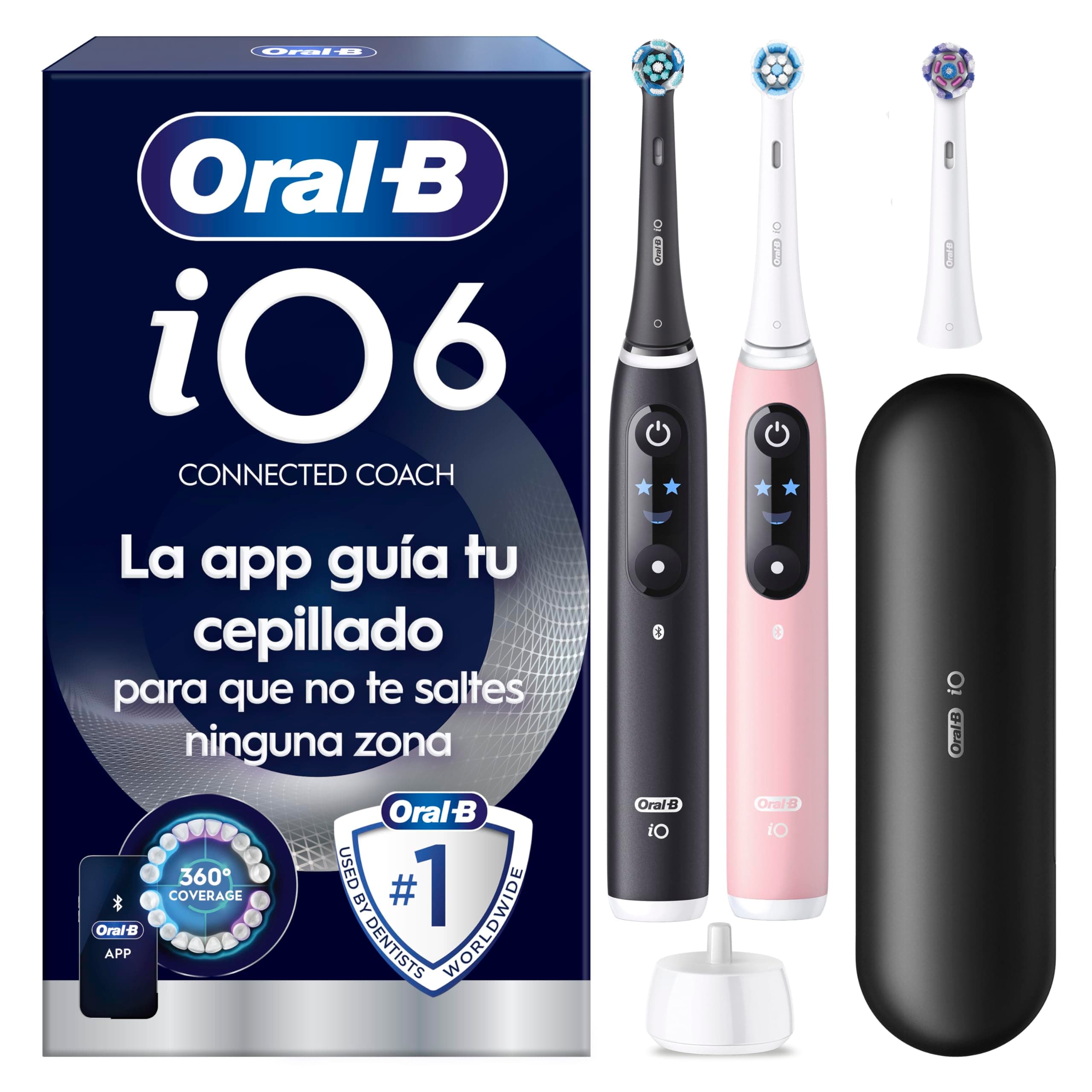 Oral-B iO6 Pack De 2 Cepillos De Dientes Eléctricos Negro y Rosa Con 3 Cabezales y Estuche De Viaje, 5 Modos De Cepillado, Sensor De Presión, Temporizador y Aplicación, Cepillo Dental Oral B