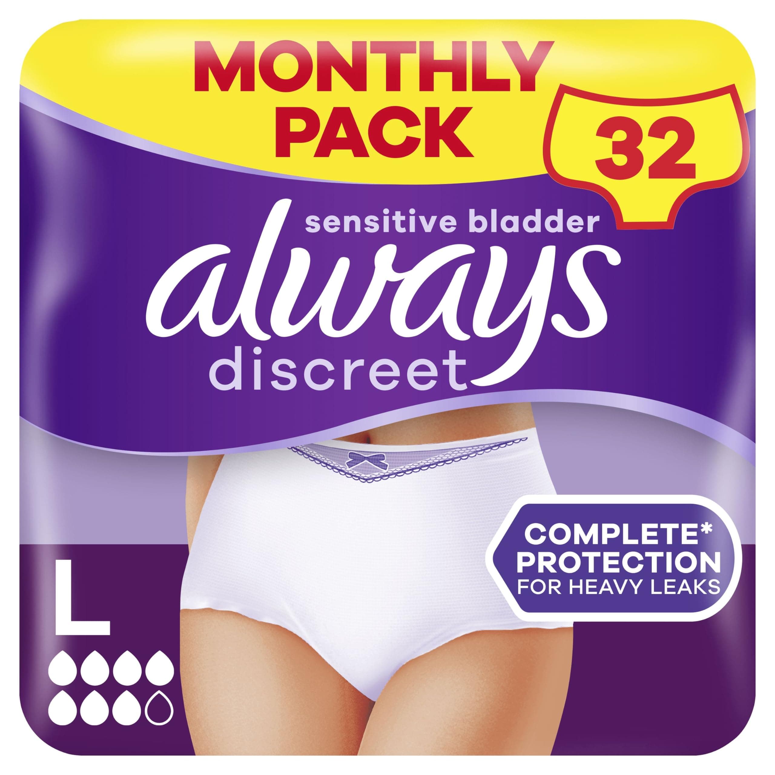 Always Discreet, 32 Culottes Incontinence Femme, Plus 6 Gouttes, Sous-Vêtements Taille L, Blanc, Protection Très Absorbante pour Fuites Urinaires Importantes ou post accouchement, Pack 1 Mois