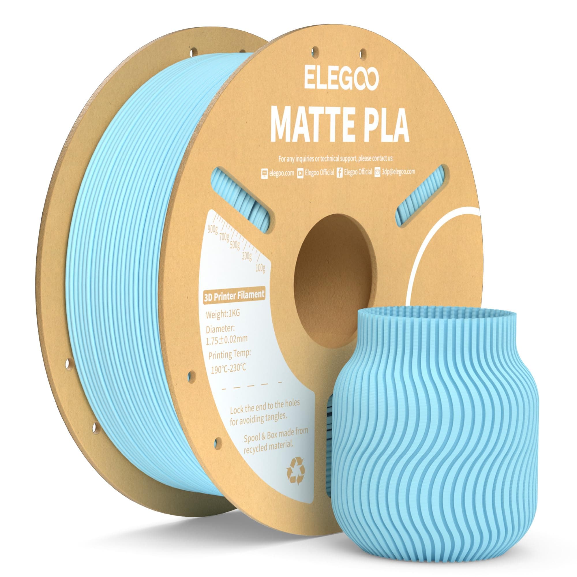 ELEGOO Filamento PLA MATE 1.75 1KG Azul Hielo, Filamento para Impresora 3D, Precisión Dimensional +/- 0.02mm, Carrete Filamento 3D,para Mayoría Impresoras 3D