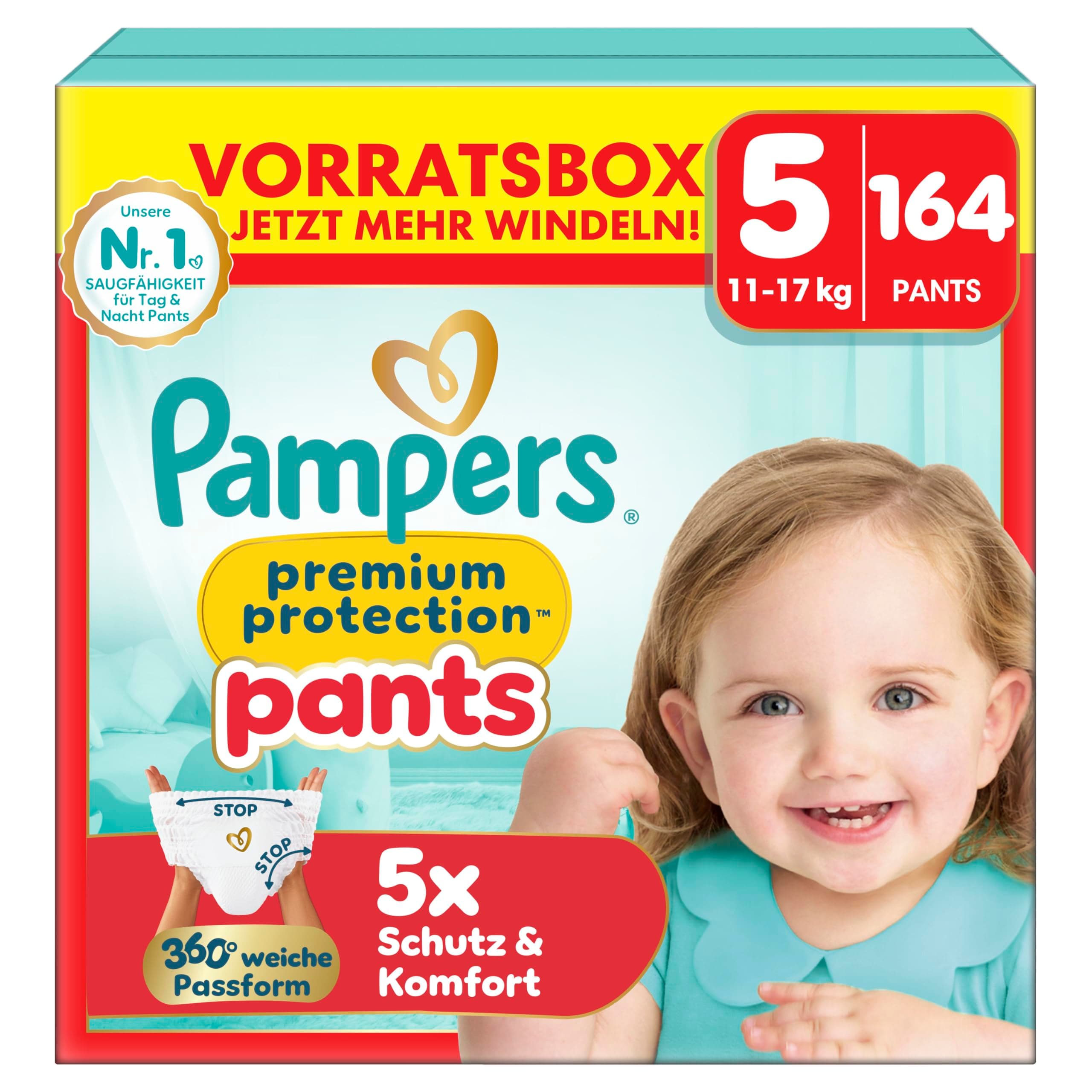 Pampers Premium Protection Pants Größe 5, 164 Windeln, 11-17 kg, mit 360° Passform und weichen Anti-Auslaufbündchen für unseren besten Komfort und Schutz