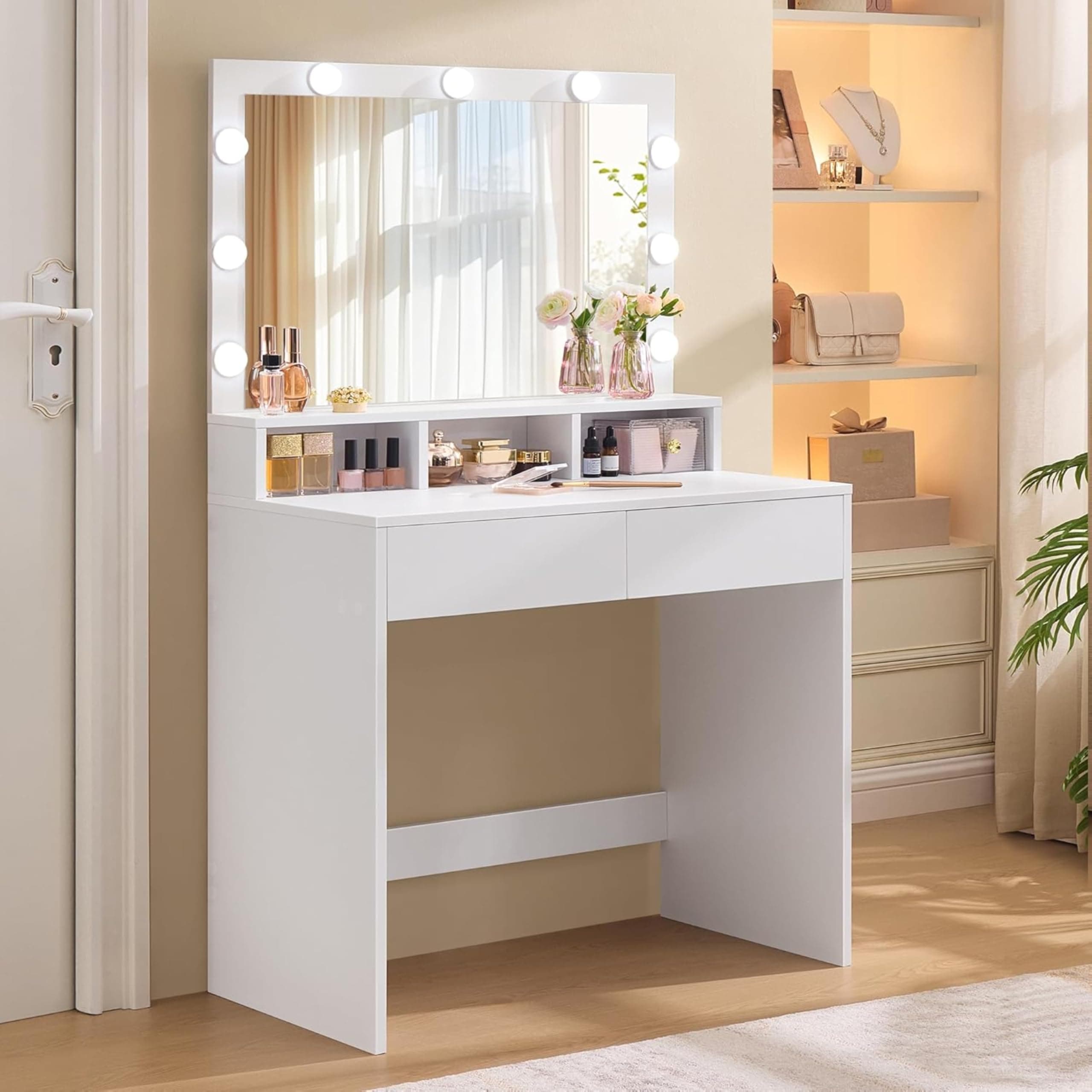 VASAGLE Tocador con Espejo, 3 Colores de Luz, Brillo Ajustable, 2 Cajones | Mesa de Maquillaje, 2 Cajones, Moderno, Blanco Nube, Kailyn Colección RDT120T10