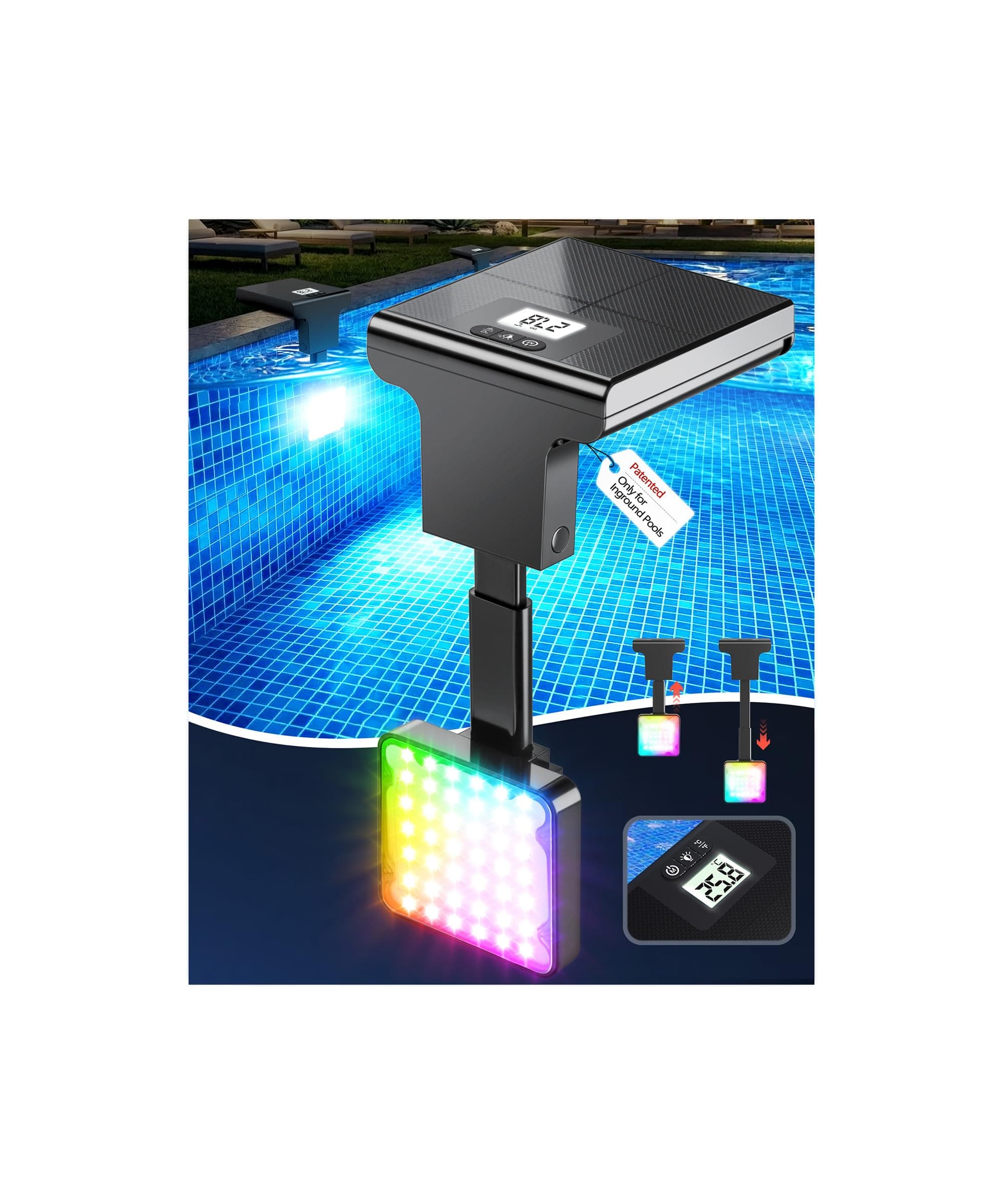 DeeprBlu 2 en 1 Lumiere Piscine Solaire avec Thermomètre pour Piscine, Éclairage Piscines Submersible avec 10 Magnifique Modes D'éclairage & Écran Rétroéclairé Nocturne, pour Piscines Enterrée