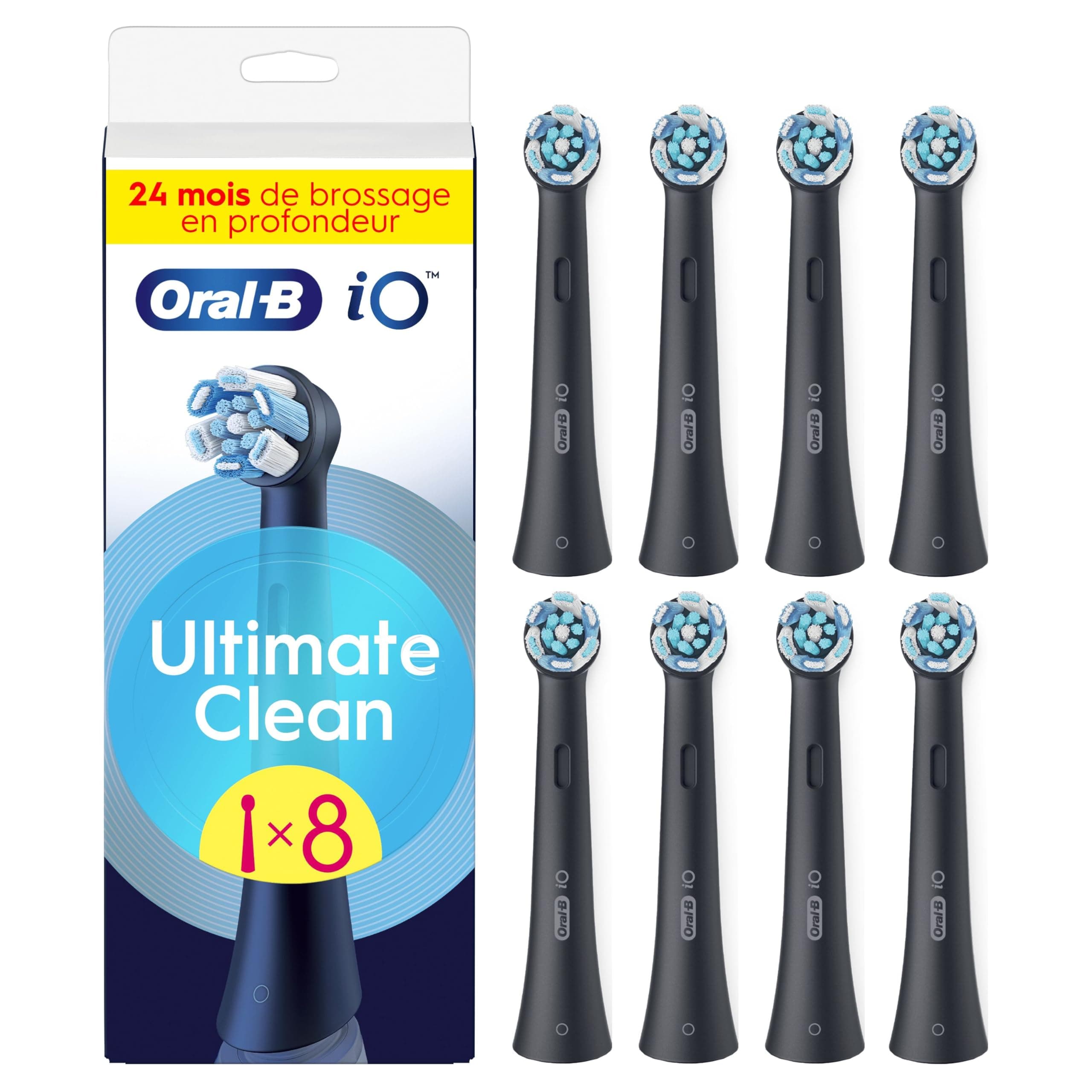 Oral-B Brossettes de Rechange Ultimate Clean, Lot de 8, Noires | Recharges Brosse à Dents Électrique iO, pour Adultes, Tête Ronde pour Un Brossage en Profondeur