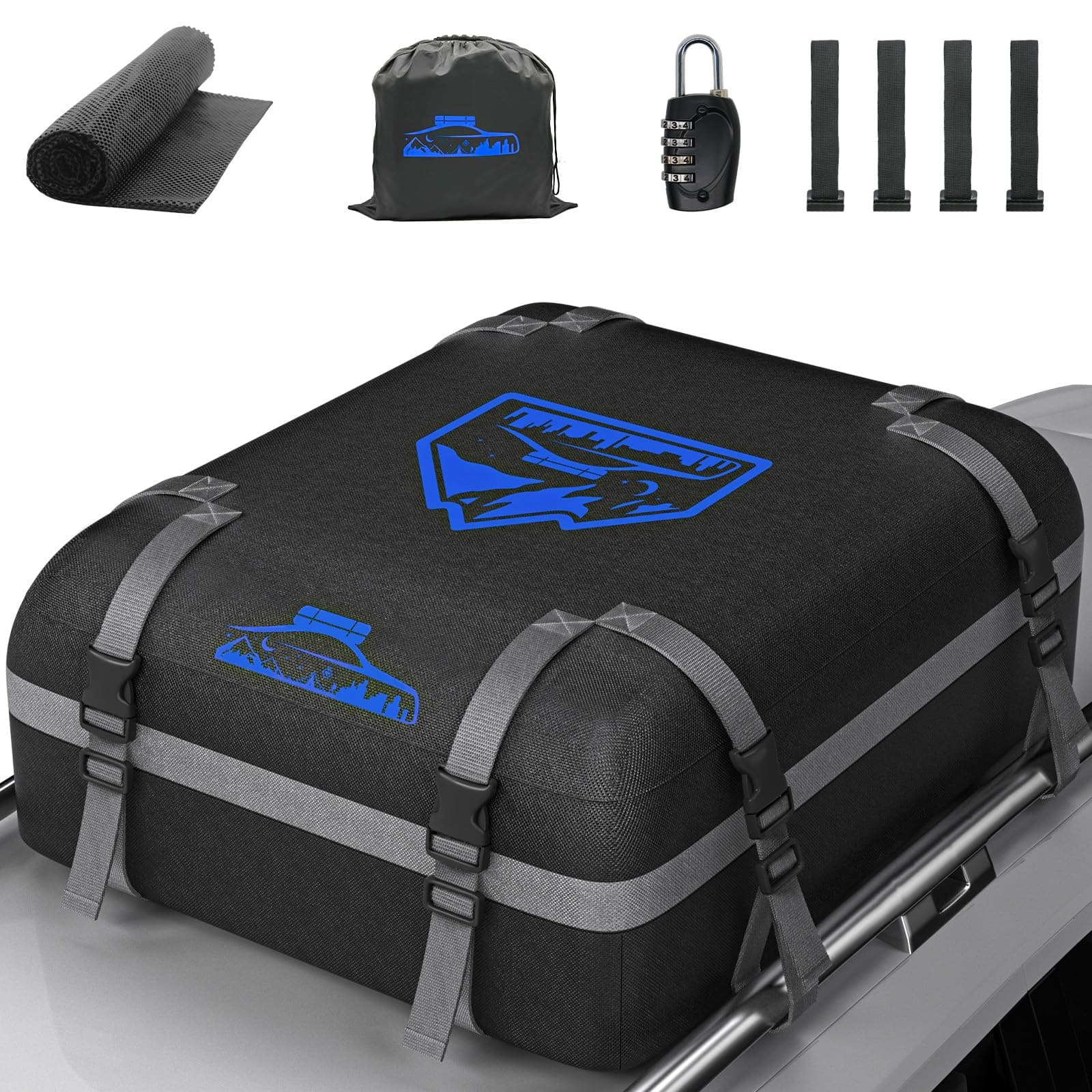 Rymopuey Cofre de Techo 15cubos/425L, Cofre de Techo para Coche 1000D Oxford, Cofre de Techo con Almohadillas Antideslizantes y 8 Correas de sujeción, pto para Coches con/sin Portaequipajes