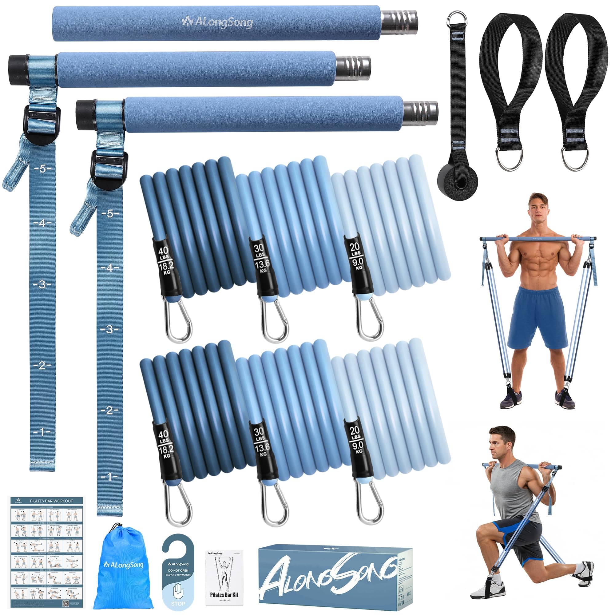 ALongSong Elastiques Musculation Sport Maison - Kit Barre de Pilates pour Homme Femme avec 6 Bandes de Résistance Élastique 20-180Lbs & Ancrage de Porte pour Complet Entraînement Yoga/Musculation
