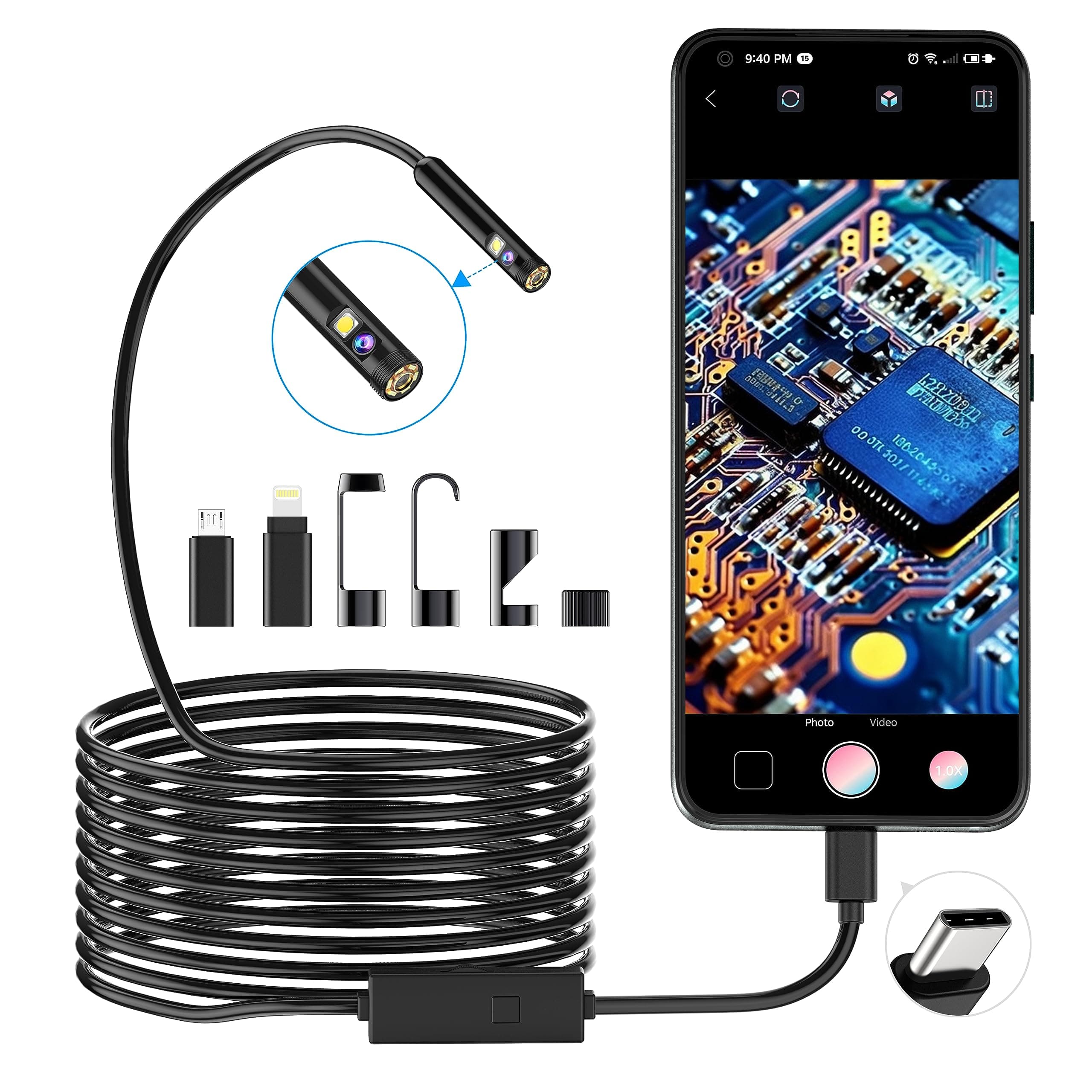 Boroscopio de inspección de Serpiente de Doble Lente 1920P, endoscopio pancellent Tipo C, cámara de Alcance con 8 Luces LED para Smartphone Android e iOS, iPhone, iPad, Samsung (5 M)