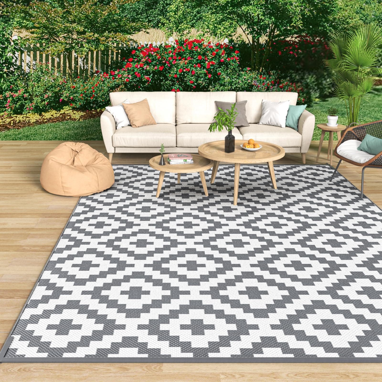Mokani Tapis Exterieur Resistant Pluie, Tapis extérieur pour Patio, terrasse, Plage, Pique-Nique, arrière-Cour (240 x 300 cm, Gris & Blanc)