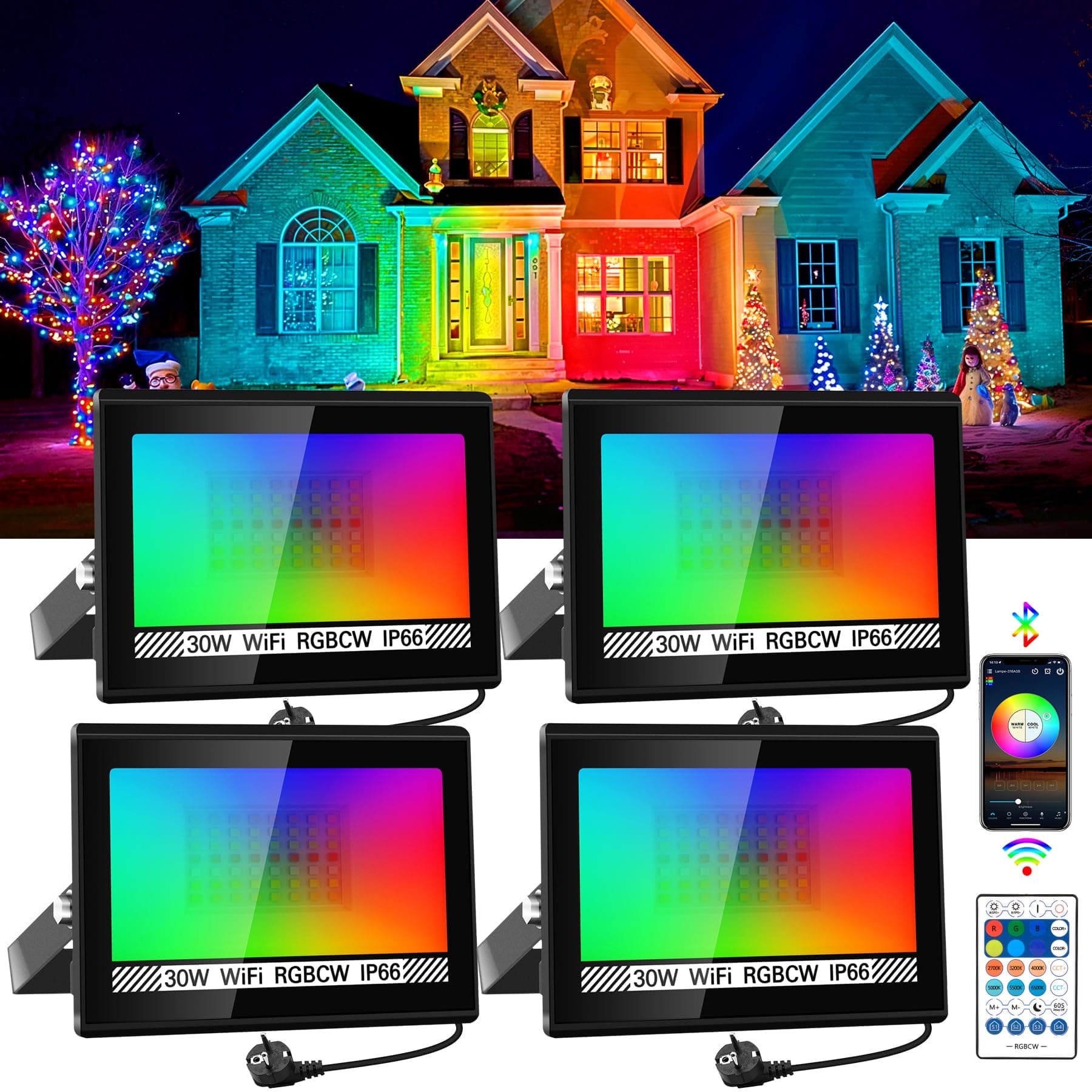 NATPOW Proyector RGB Exterior Foco LED 30W Foco RGB Con APP Bluetooth y Mando a Distancia, IP66 Impermeable Floodlight LED que cambia de color, colour Luce para jardines, patios (set de 4)