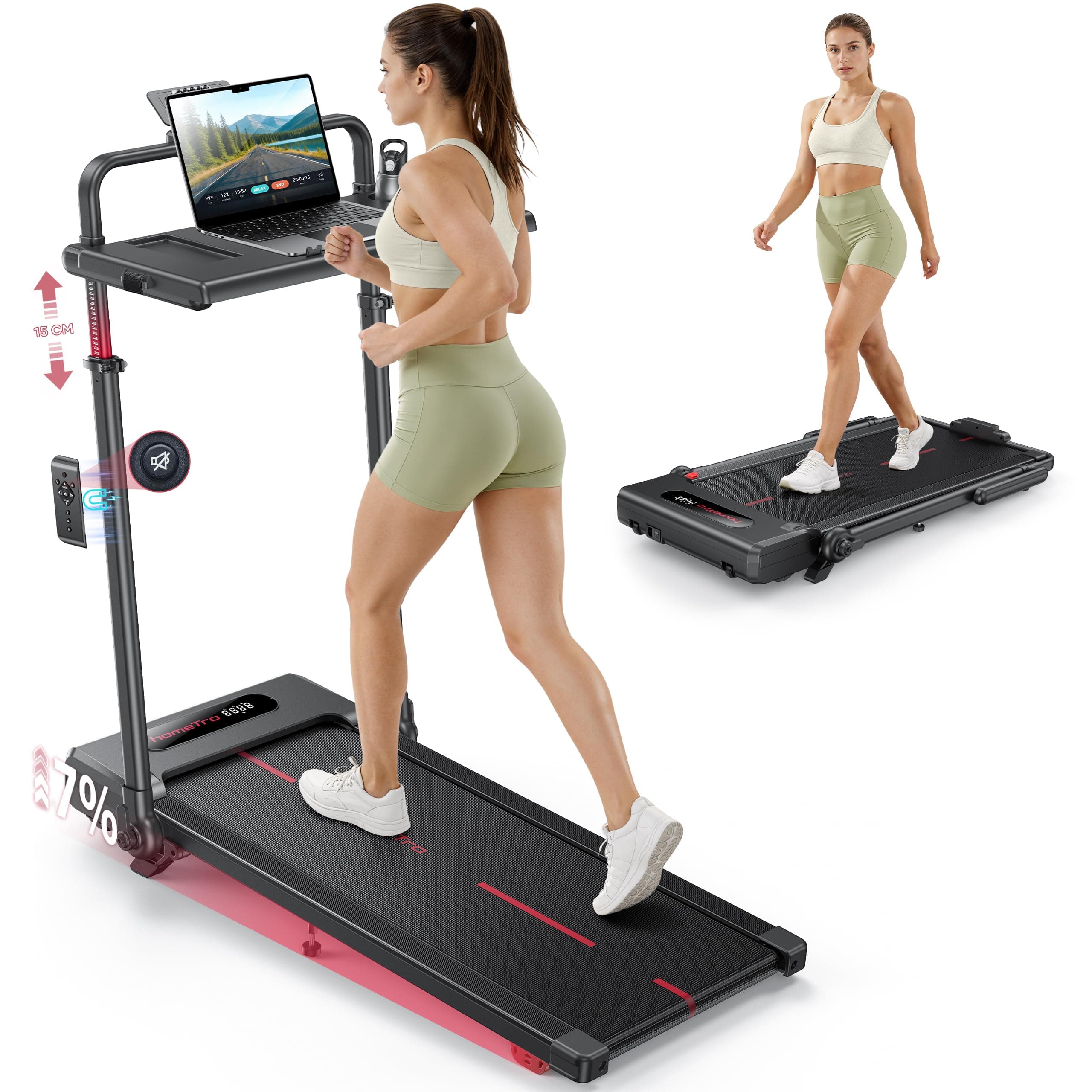 Tapis Roulant Elettrico salvaspazio Pieghevole con inclinazione, 3,0HP, 1–12 km/h, Nastro 40×100 cm, Montante Estensibile 15 cm, Tavolino Removibile, APP Bluetooth, Telecomando Magnetico