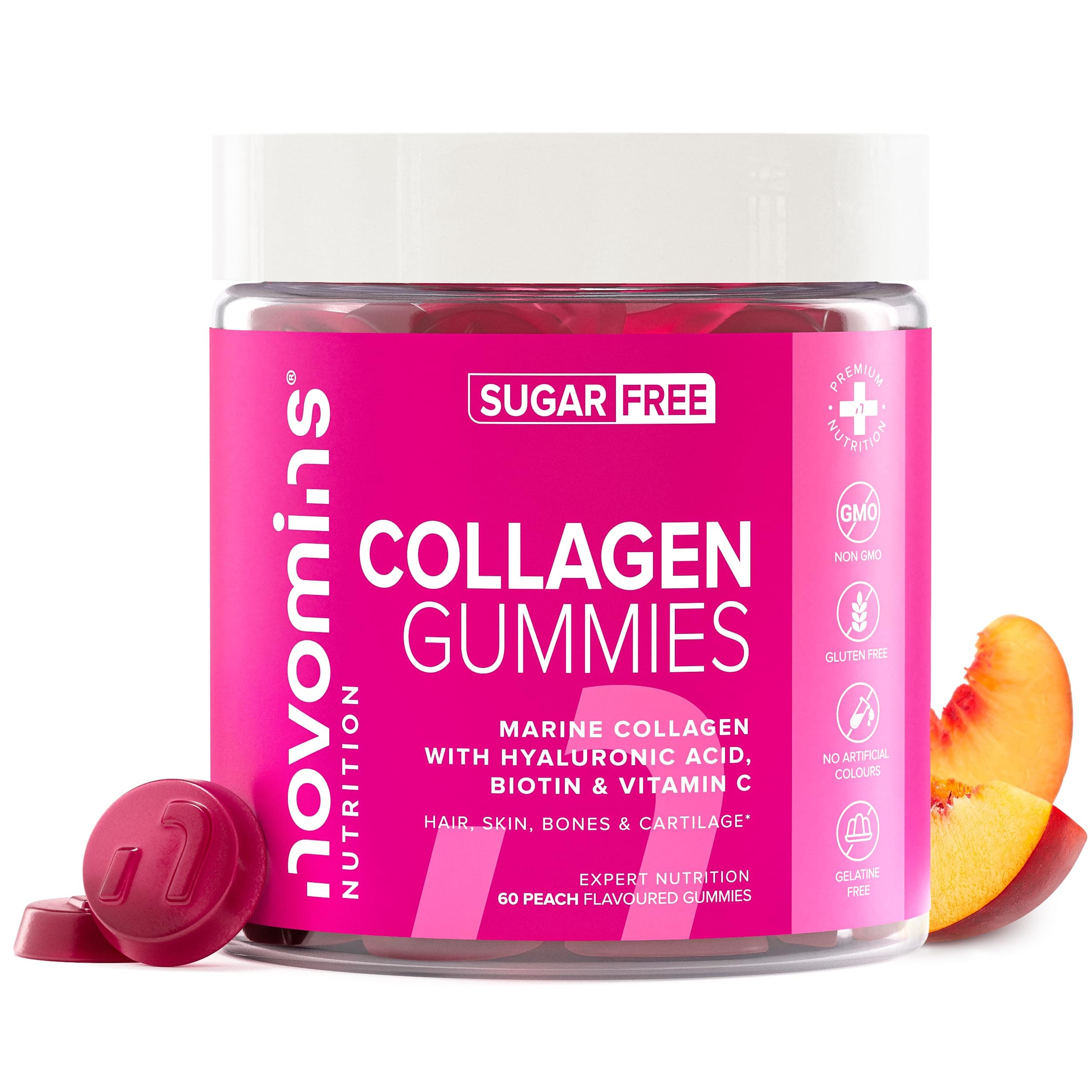 Collagene Marin et Acide Hyaluronique - Sans Sucre - Gummies de Collagène avec Vitamine C & Biotine - Collagène Hydrolysé Supérieur Type 1-60 Gummies Pousse Cheveux - Peptide de Collagene - Novomins
