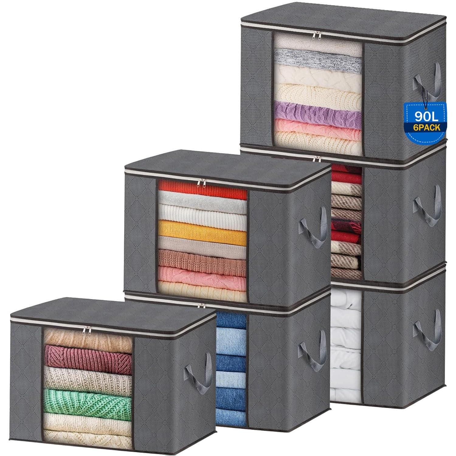 AIOR 6pcs Bolsa de Almacenamiento de Ropa Plegable, 90L Grandes Cajas de Almacenaje Ropa con Cremallera y Mango Reforzado, No-Tejida Organizador Guardar para Edredones Mantas, 60x40x35cm