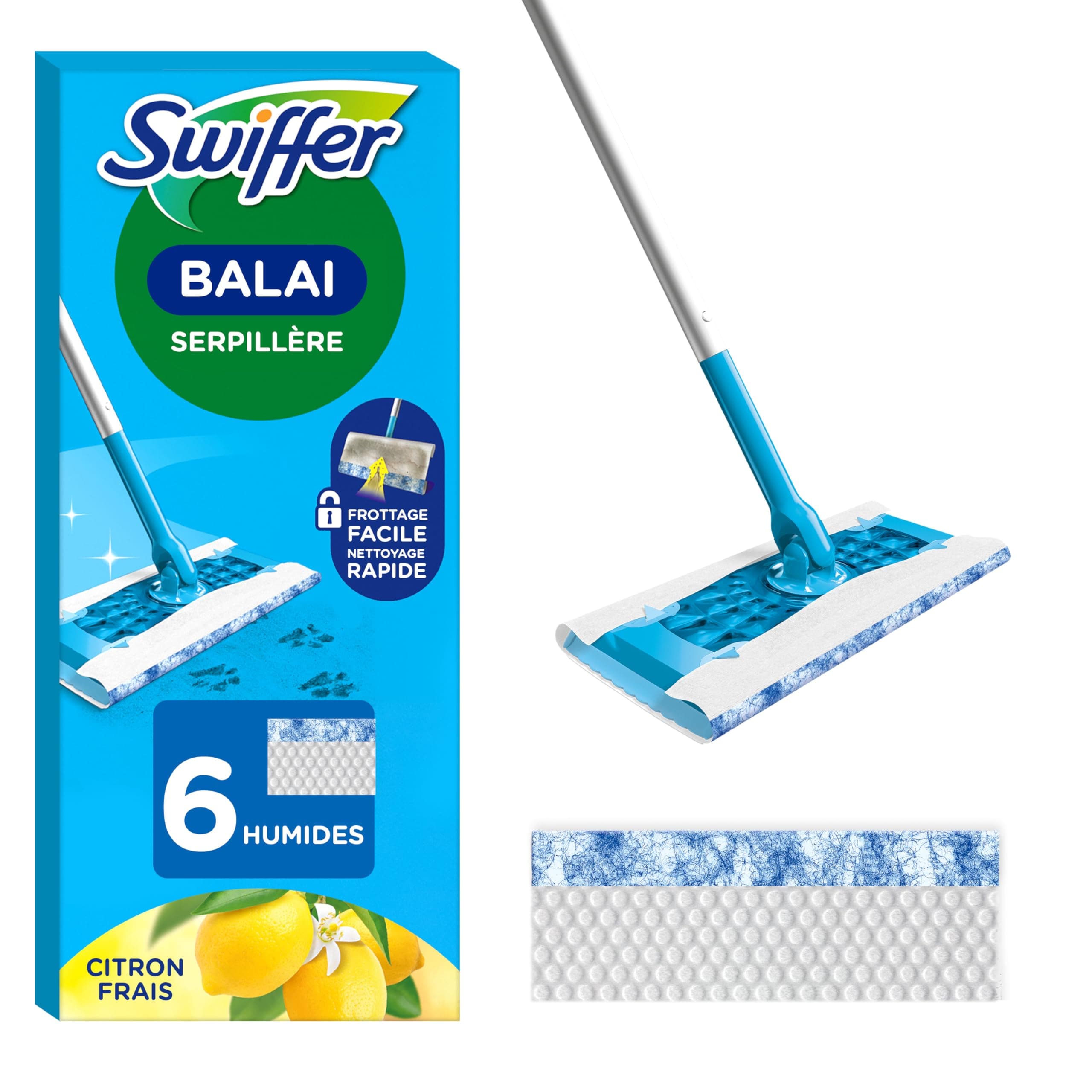 Swiffer Balai Attrape-Poussière, Kit de Démarrage (1 Balai, 6 Lingettes Imprégnées), Pouvoir Nettoyant contre les Taches Sèches, Dissolution Puissante de la Saleté