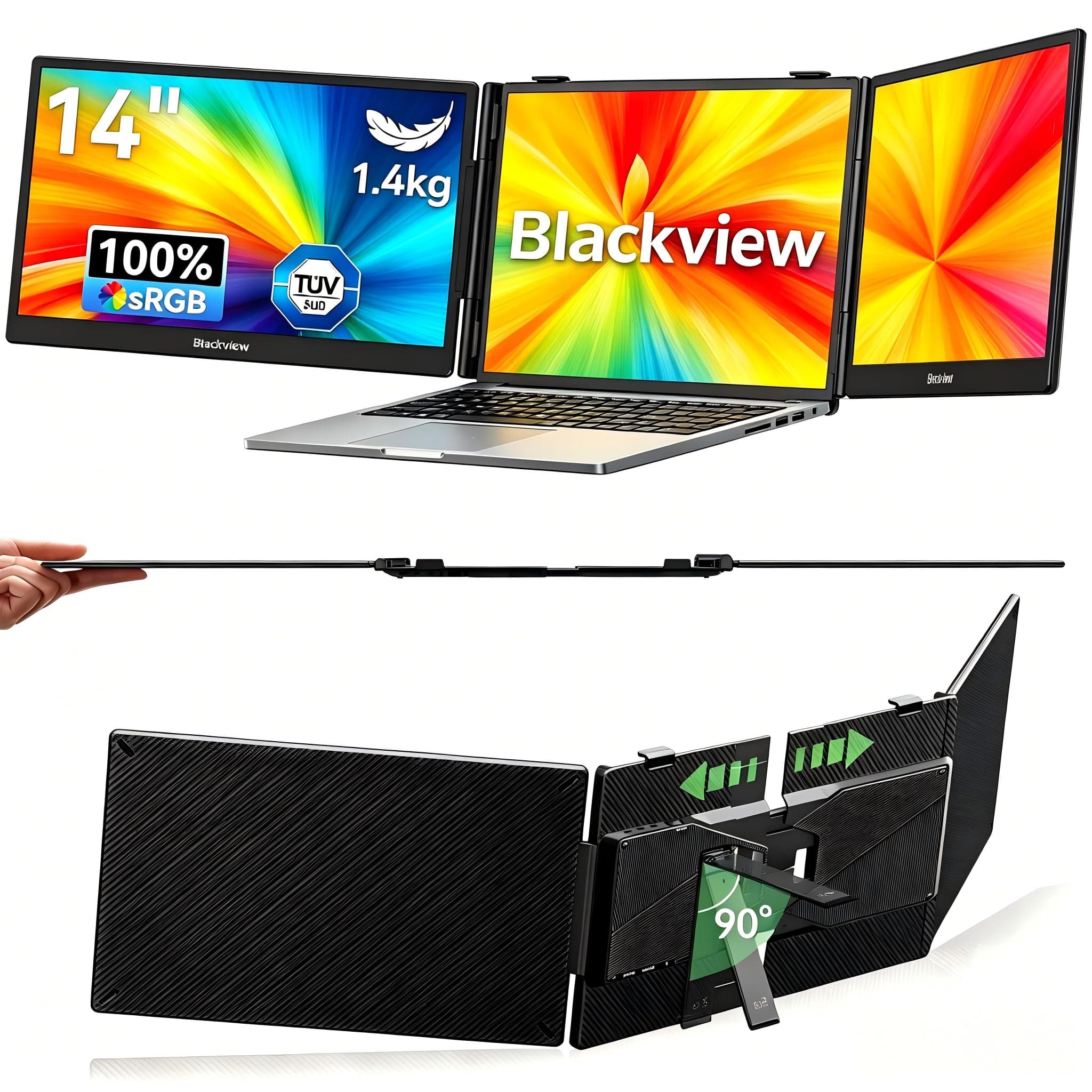 Blackview DCM5 Monitor Portátil Triple Ultradelgado,14" FHD 1080P IPS Pantalla Portatil con Soporte,Certificación TÜV, HDMI/Type-C/USB Plug & Play con 13"-17.3" Windows/Mac/Chrome/Switch/PS5