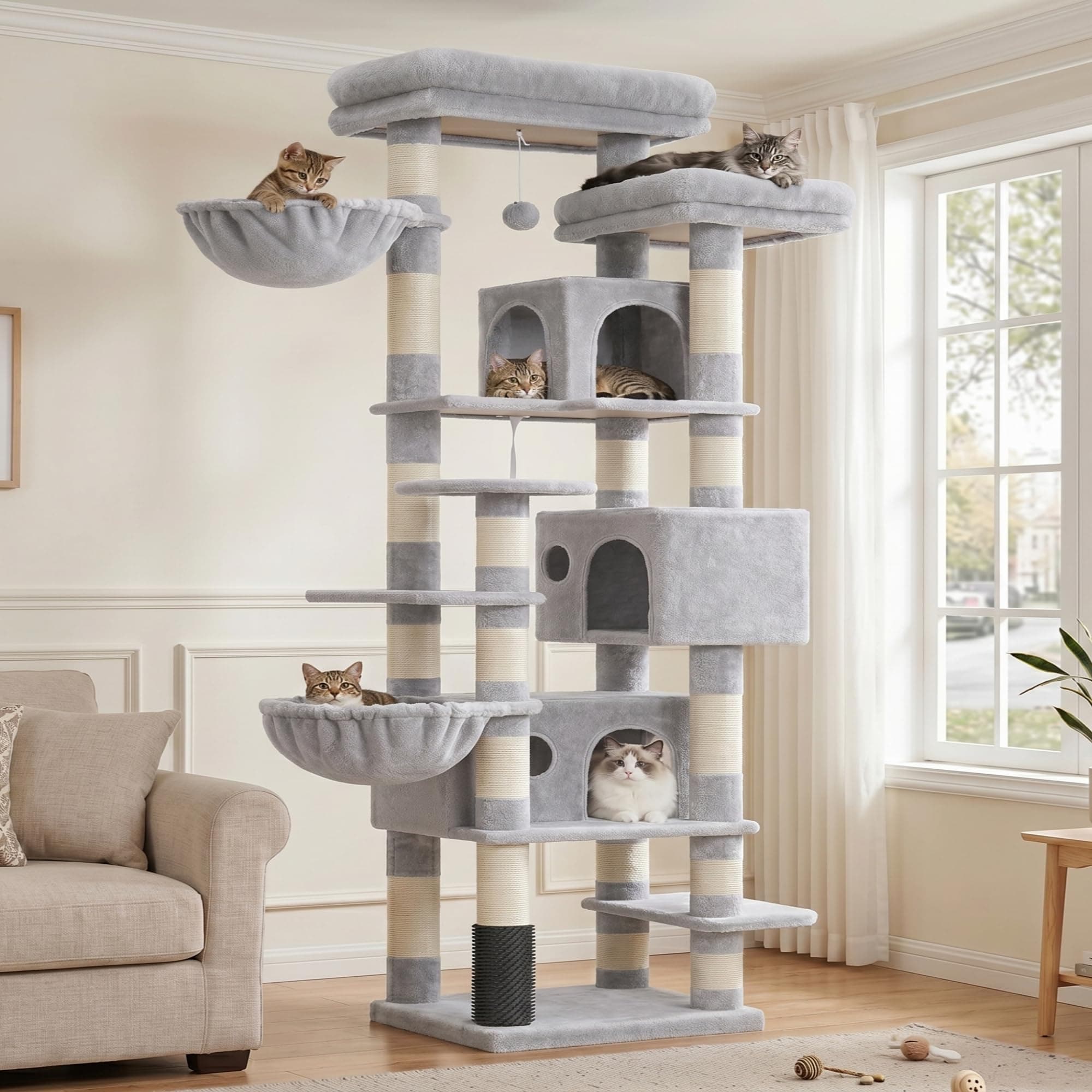Hey-brother Árbol para Gatos Rascador XXL, Torre de Gatos Multi - Nivel de 188 cm de Altura,con 2 Grandes Plataformas, 3 Cuevas y 2 Cestas, Gris Claro 0EMPJ035-MW