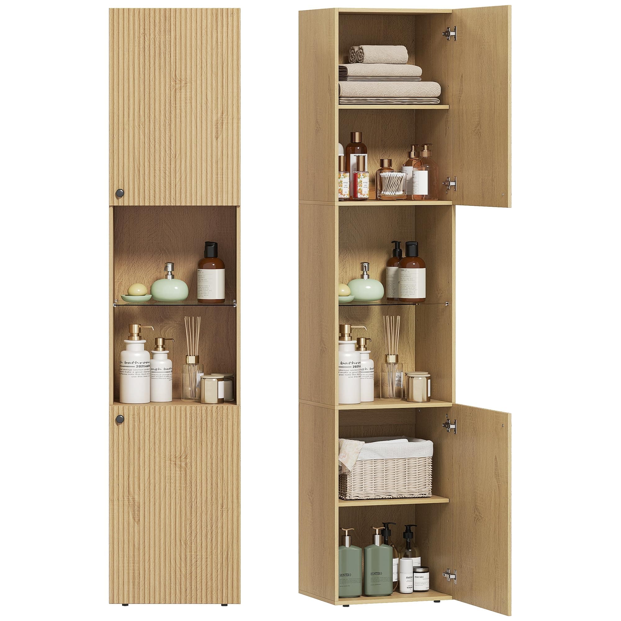 HOMCOM Meuble Colonne Salle de Bain 6 Niveaux 2 Portes 40x31x182cm Chêne | Meuble de Rangement Étroit, Compartiments Ouverts, Étagère Verre Trempé,Étagères Réglables, pour Toilette, Petits Espaces
