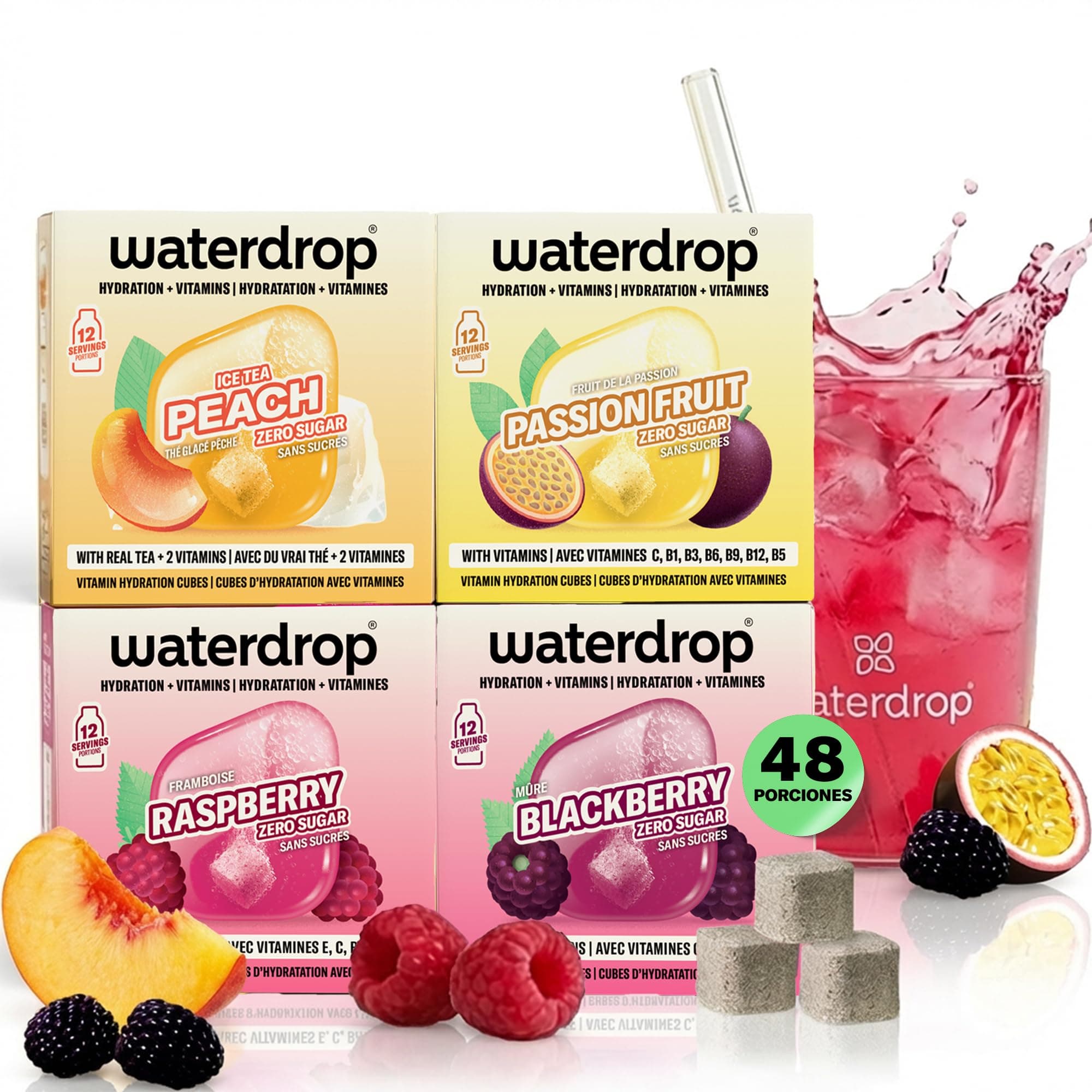 waterdrop® Microdrink Mix, 48 Pastillas Saborizantes Para Agua, Bebidas Mix 4 Sabores Afrutados Sin Azúcar, baja en calorías y con vitaminas, Bebida Instantánea, Polvo de Hidratación, Para Botella