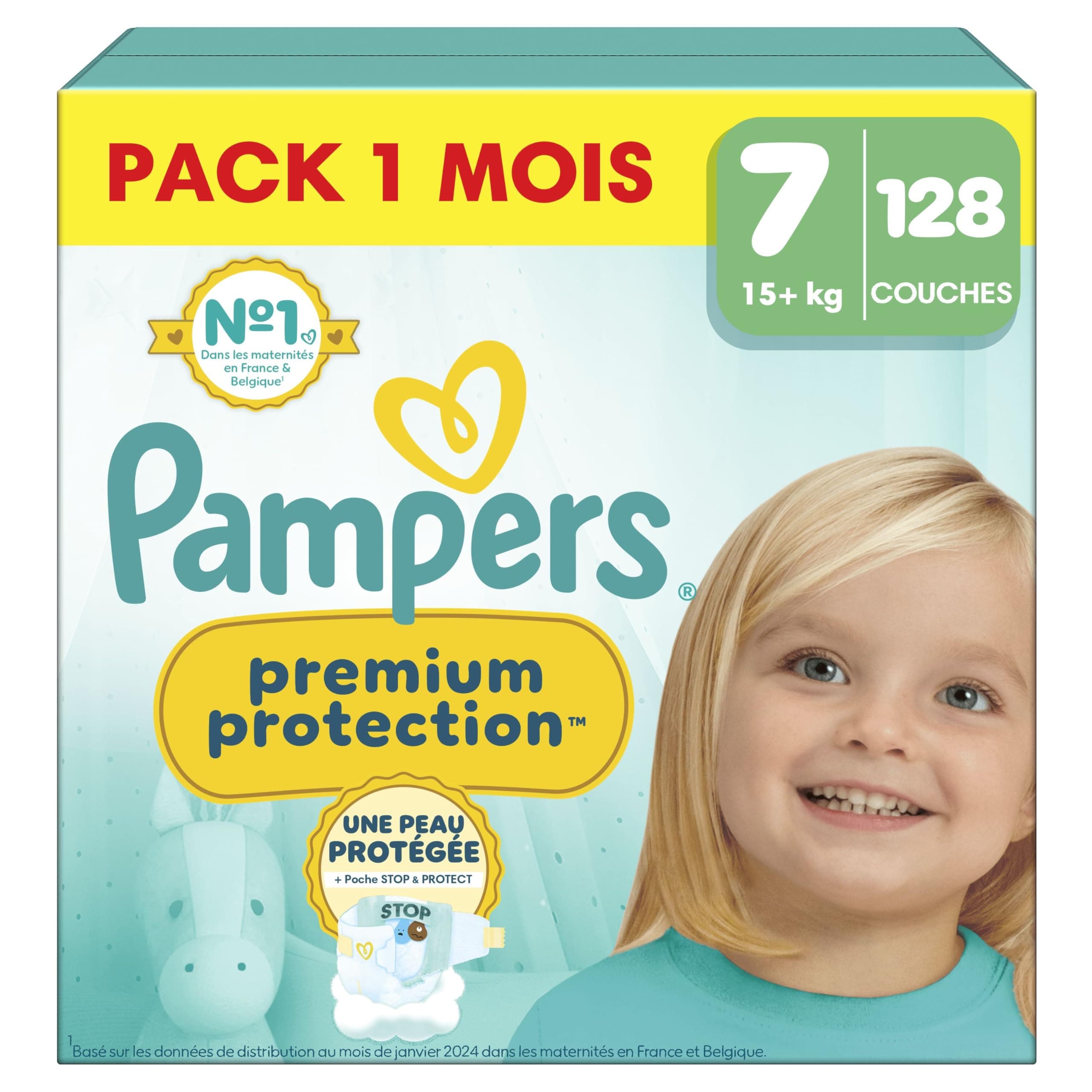 Pampers Premium Protection, Taille 7, 128 Couches, 15kg+, Double Protection pour la peau et contre les fuites Avec Poche Stop & Protect pour aider à capturer les Fuites, Pack 1 Mois