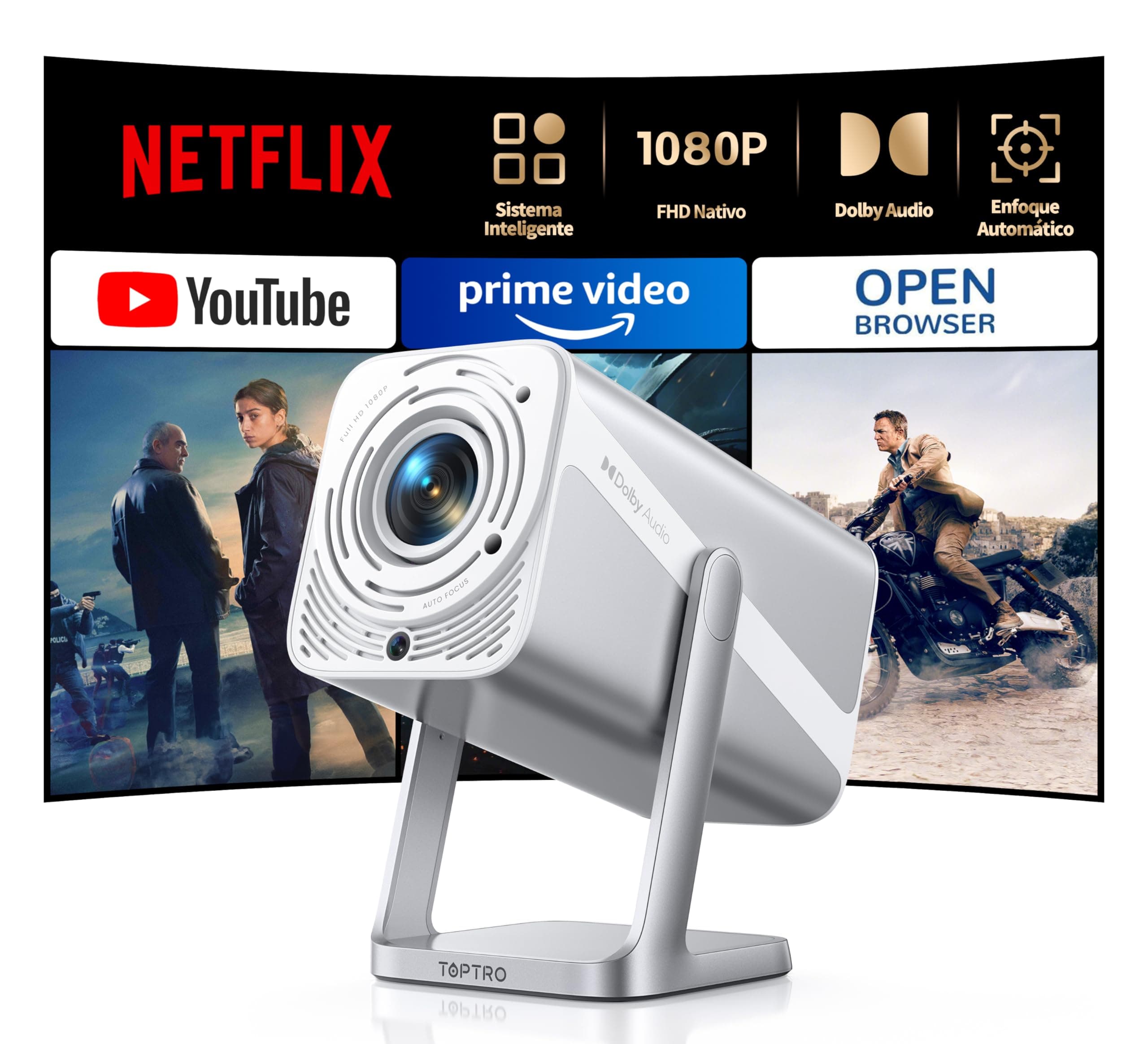 Proyector【Compatible con Netflix/Apps Integrada/Dolby】 Smart Proyector 4K 700ANSI Auto Enfoque/Keystone Tiro Corto, ProyectorPortátil 1080P Giratorio 360° WiFi6 Bluetooth5.2 para Cine en Casa