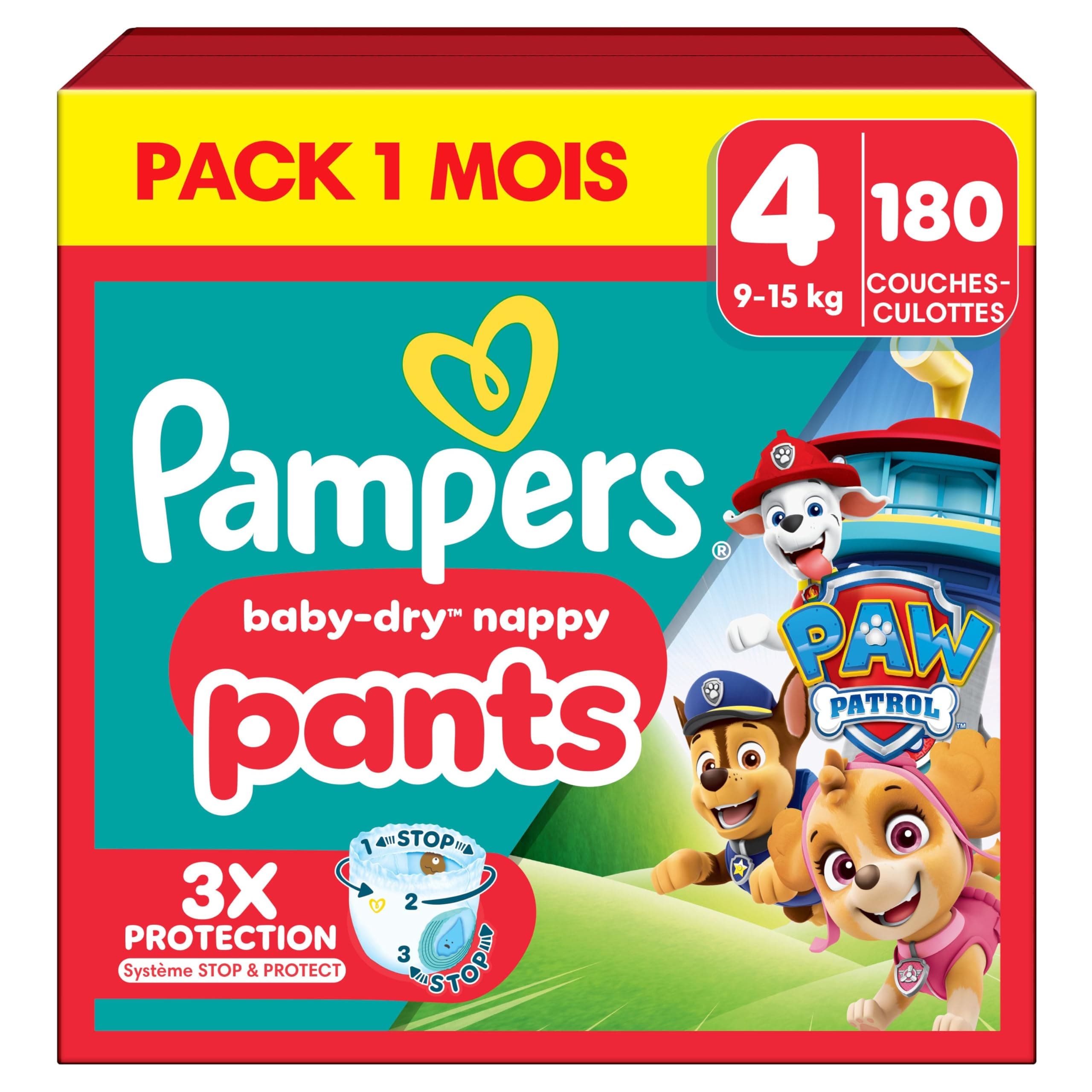 Pampers Baby-Dry Pants La Pat'Patrouille Couches-Culottes Taille 4 x180 | 9kg-15kg. Édition La Pat' Patrouille à la Rescousse contre les Fuites Jour Et Nuit. Faciles à Changer. Pack 1 Mois.