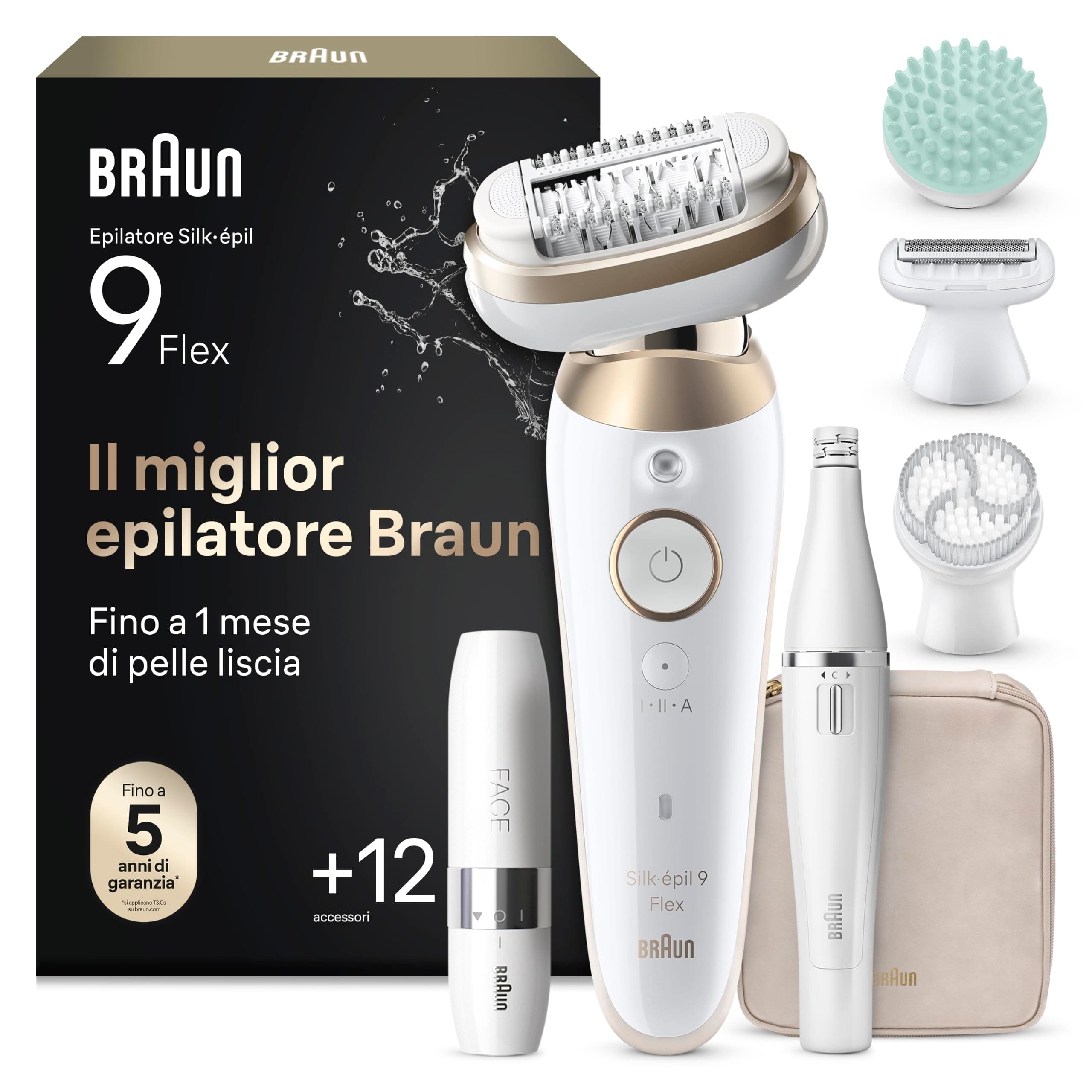 Braun Silk Epil 9 Flex SkinSpa Epilatore Elettrico Donna Testina Flessibile 360°, Epilazione Semplice, Rasoio Elettrico Donna, Pelle Liscia, Wet&Dry, Con Epilatore Viso FaceSpa E Mini Depilatore Viso