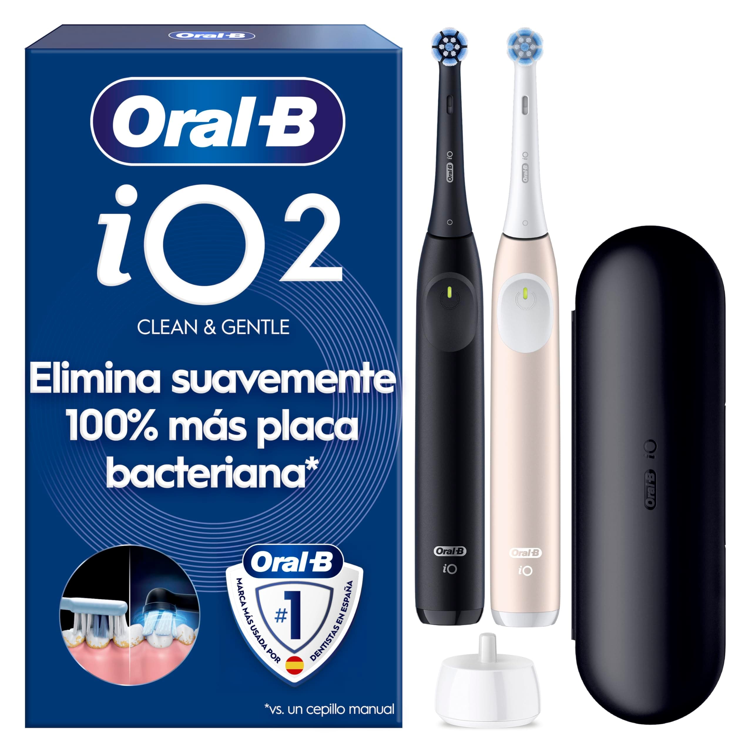 Oral-B iO 2 Pack de 2 Cepillos de Dientes Eléctricos Negro Noche y Rosa Suave, 2 Cabezales, 3 Modos De Cepillado, Sensor De Presión y Temporizador, Diseñados por Braun