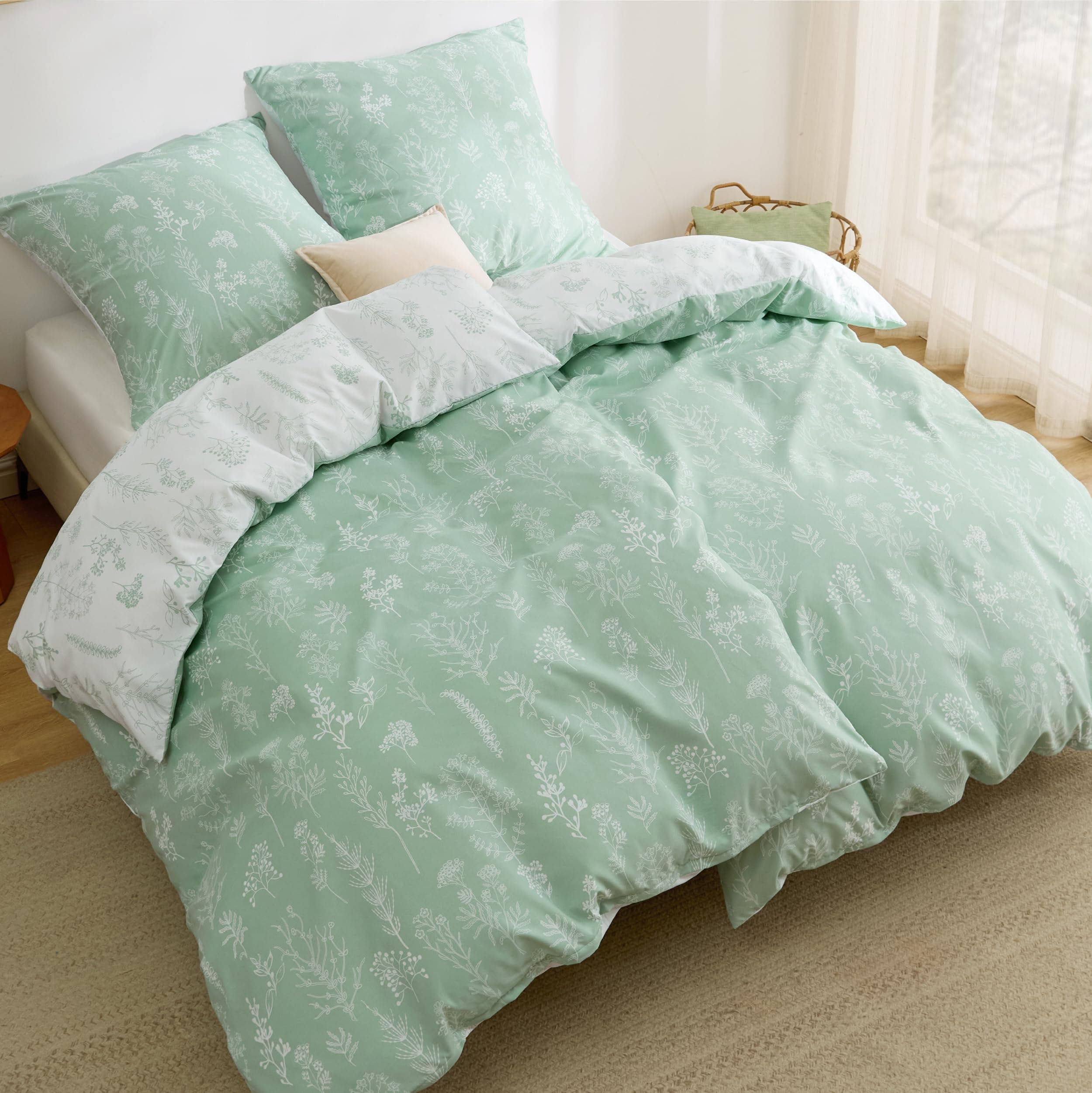 BEDSURE Bettwäsche 135x200 4teilig Bettbezug - Bettwäsche-Sets 135 x 200 cm 2er Set mit 2 Kissenbezüge 80x80cm, ÖKO-TEX Wendebettwäsche Bedding Grün Pflanzen Blumen Blätter Muster mit Reißverschluss