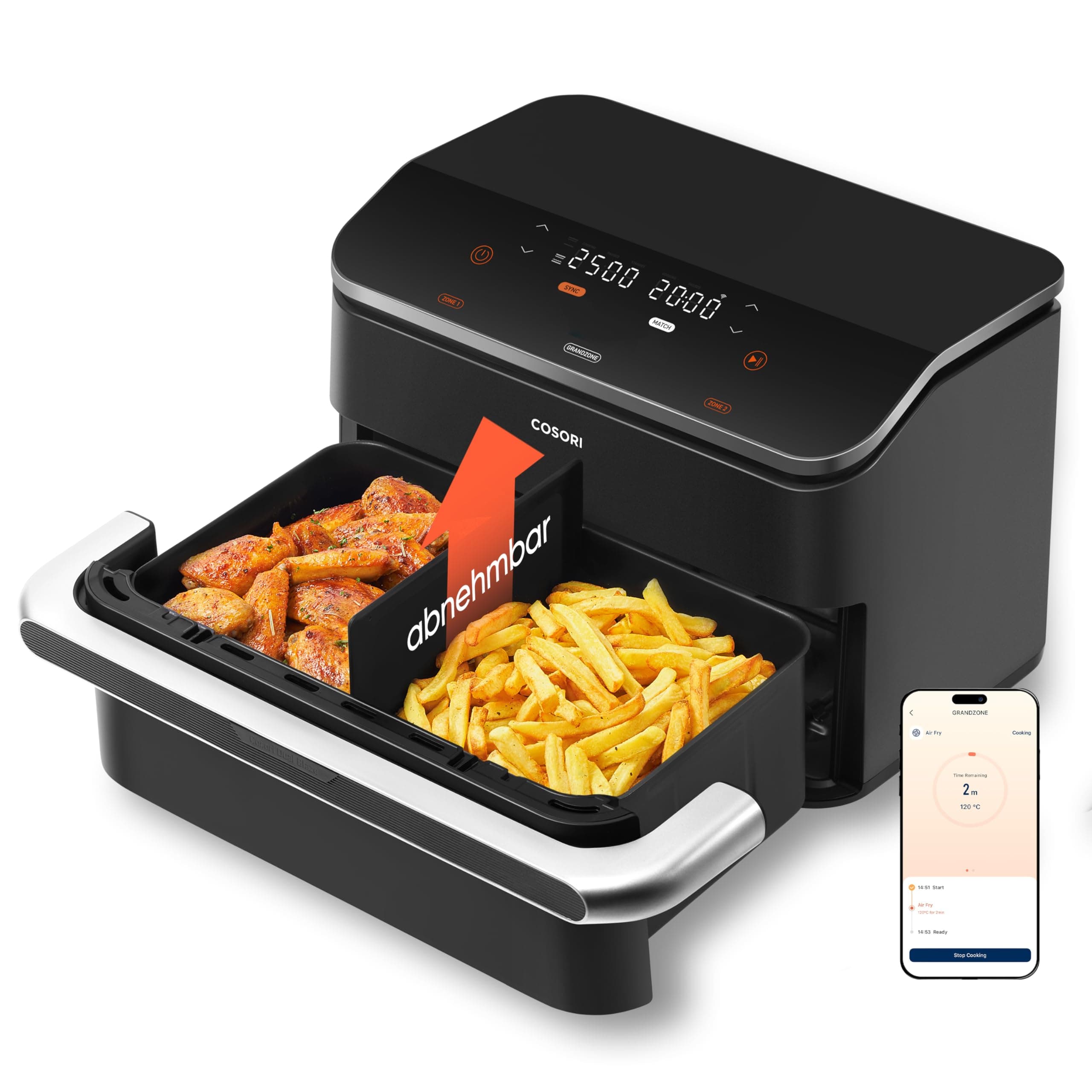COSORI Heißluftfritteuse 2 Kammern, Dual Blaze TwinFry 10L Airfryer, mit 4 Heizrohren und flexiblen Kammern, gleichmäßige Hitzeverteilung, Temperatur bis 240 Grad C, Schwarz, TF102S