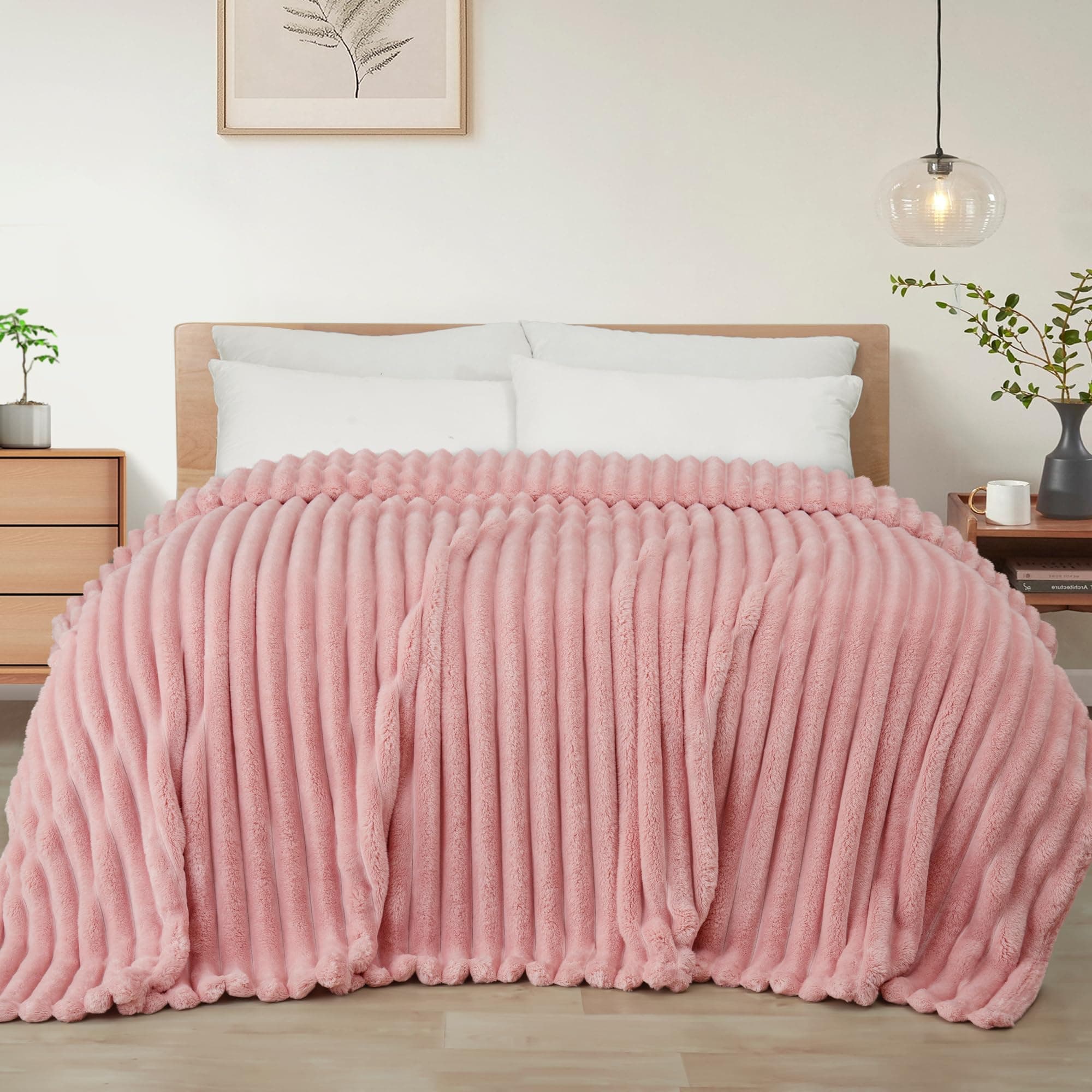 Exclusivo Mezcla Couverture Polaire, Plaid Canapé en Rayé, Couverture de Lit Super Douce en Jacquard, Léger et Moelleux pour Toutes Les Saisons, 220x240CM, Rose