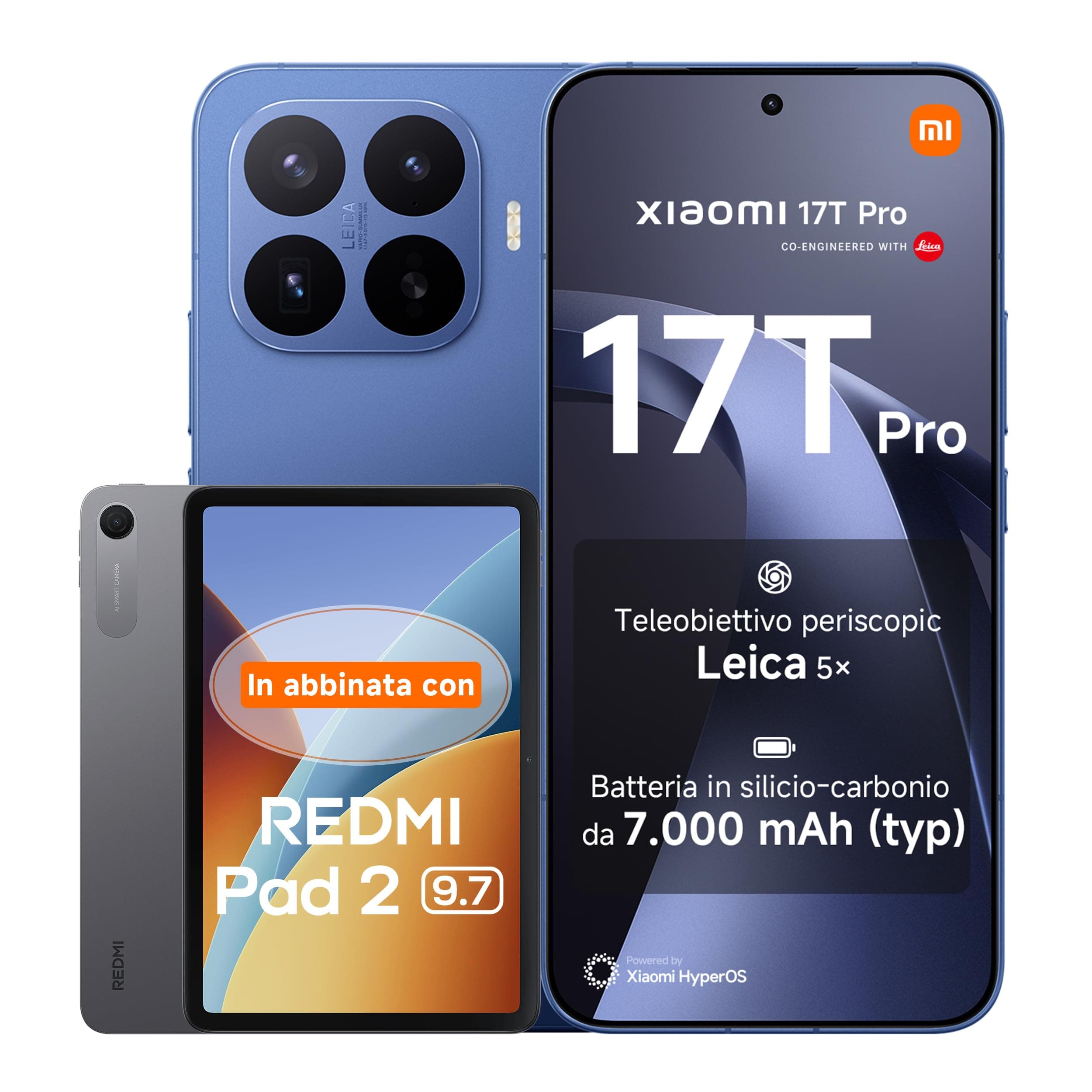 Xiaomi 17T Pro, Smartphone 12+512GB, Display Eye-Care 6,83" 144Hz,Batteria Silicio-carbonio da 7000mAh (typ), Teleobiettivo Leica 5x, 100W HyperCharge, Deep Blue, Garanzia 3 anni+REDMI Pad 2 9.7' 64GB