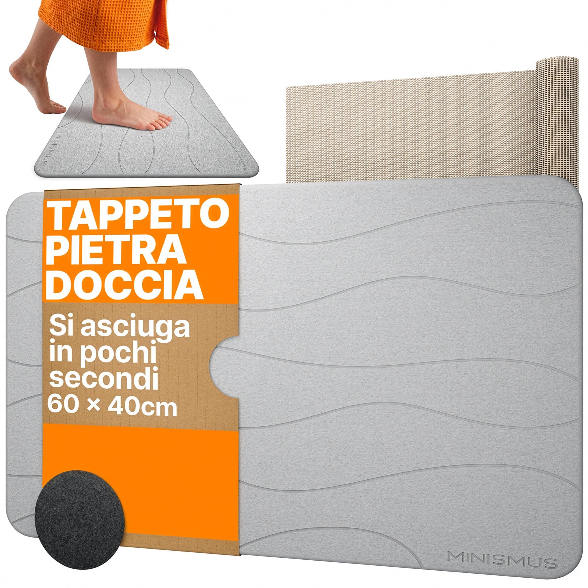 Minismus Tappeto Bagno in Diatomite - 60x40 cm Assorbente - Tappetino Doccia in Pietra - Stone Bath Mat - Farina Fossile