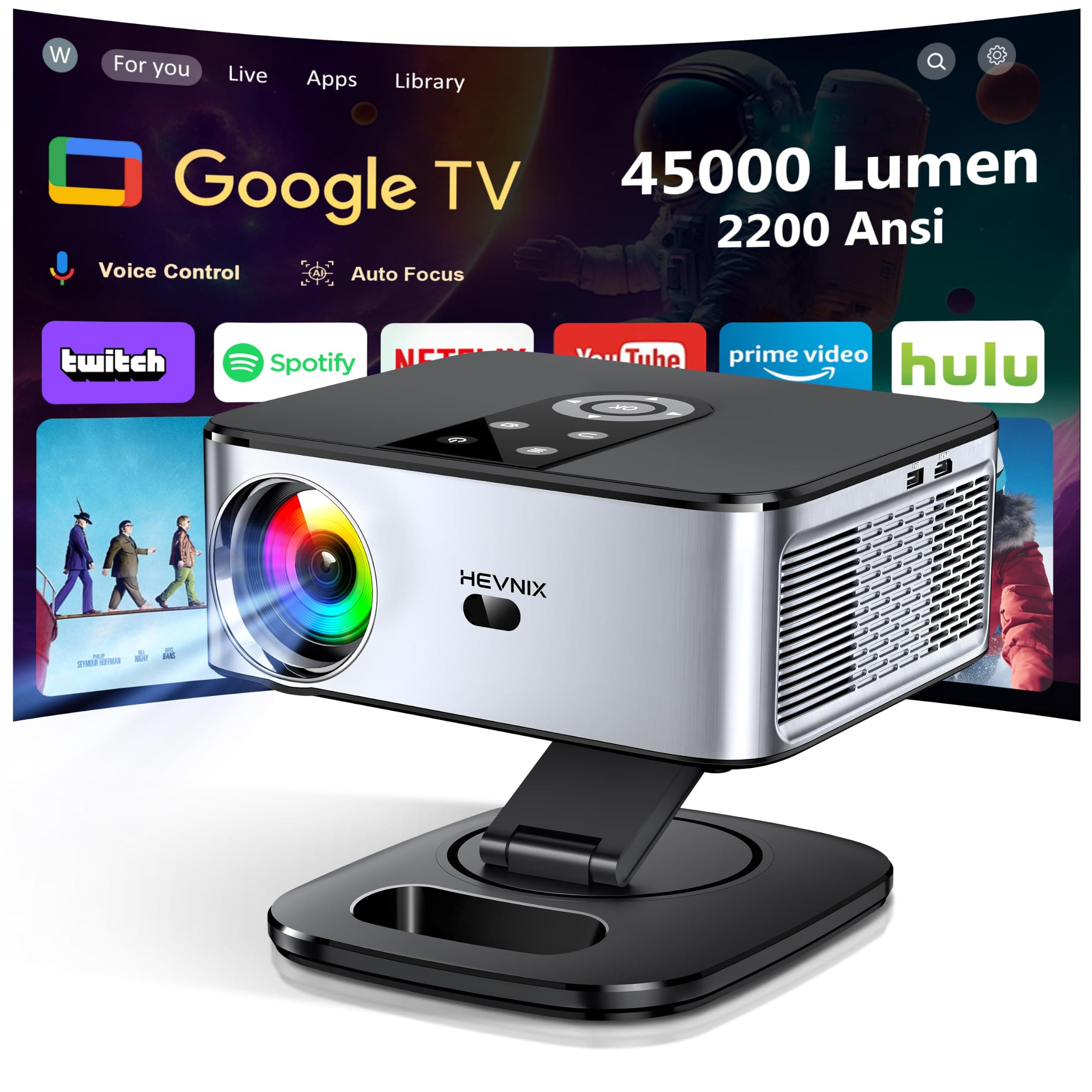 Videoprojecteur Google TV 2200ASIN 2+32GB Storage Supporté 4K | 45000 Lum Projecteur,360° Rotation,Auto Focus, Google Play Contrôle Vocal, Projector WiFi6 Bluetooth5.2, Retroprojecteur