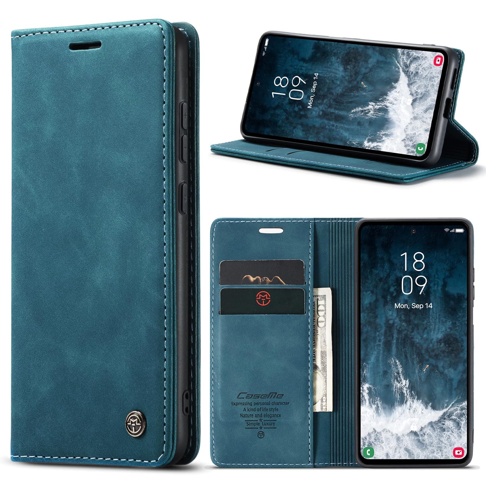 Azororo Cover per Samsung Galaxy S23 FE 5G, Premium PU Pelle Custodia, Magnetica Carta Fessura Portafoglio Case, Flip Cavalletto Custodia per Samsung Galaxy S23 FE- Blu verde