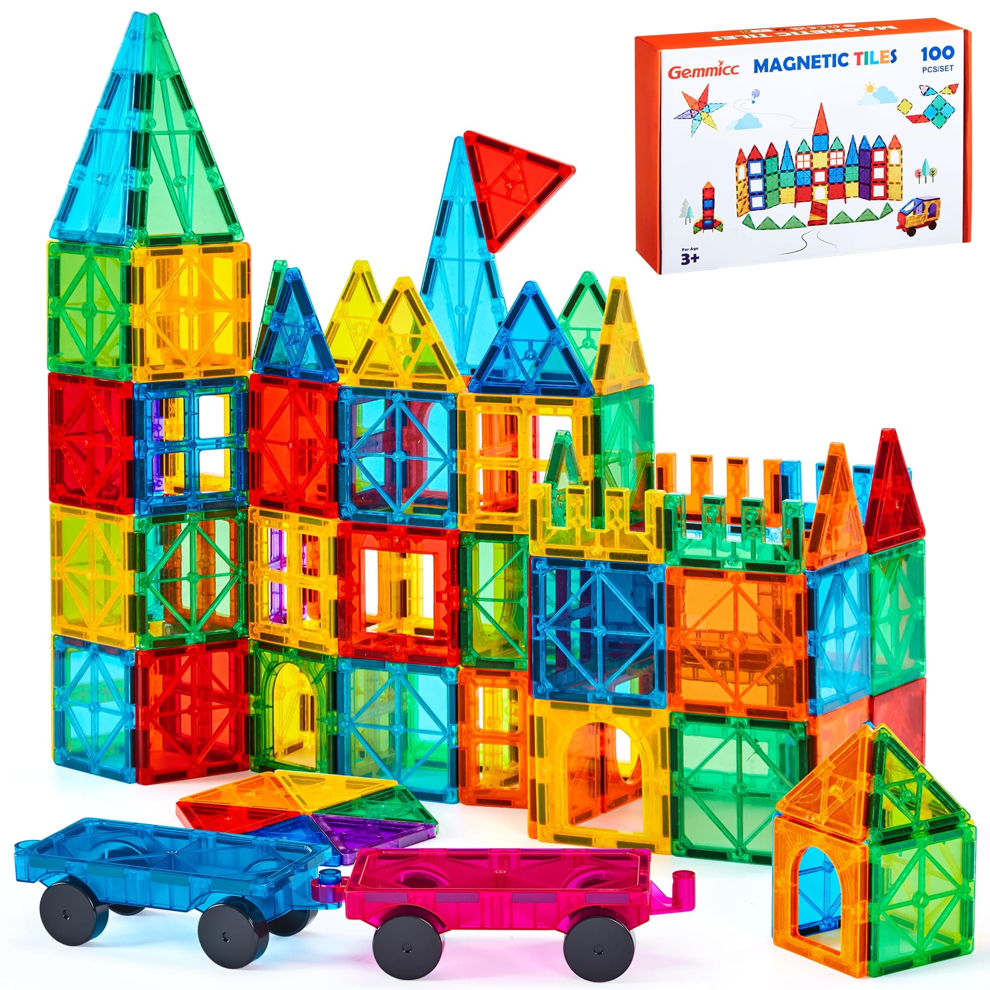Gemmicc Tuiles Magnétiques 100 Pièces avec 2 Voitures, Jeu Éducatif Approuvé STEM, Blocs Magnétiques à Empiler pour Filles et Garçons